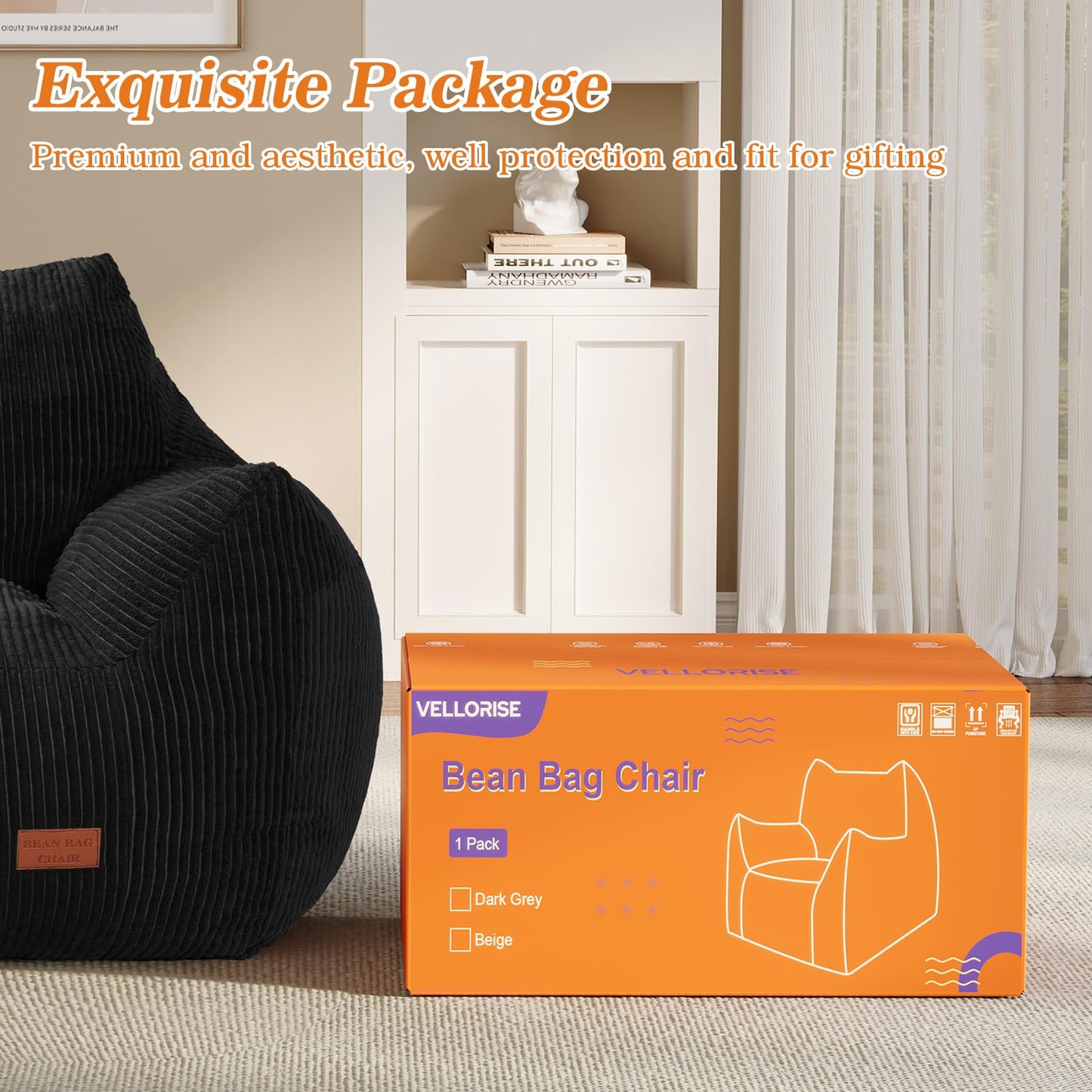Vellorise Big Bean Bag Chair for Adults, Ultra Soft Living Room Bean Bag with Armrests, Stuffed BeanBag Chair for Napping, Gaming, Vacuum-Compressed for Easy Gifting, 48 Hours to Fluffs Up, Black