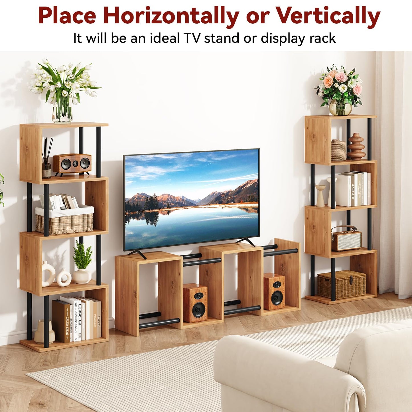 IBUYKE 5-Tier Tall Bookshelf,S-Shaped Geometric Bookcase, Wood Display Shelves with Storage,Modern Bookshelf for Living Room Bedroom, Home Office,Oak WBC015K