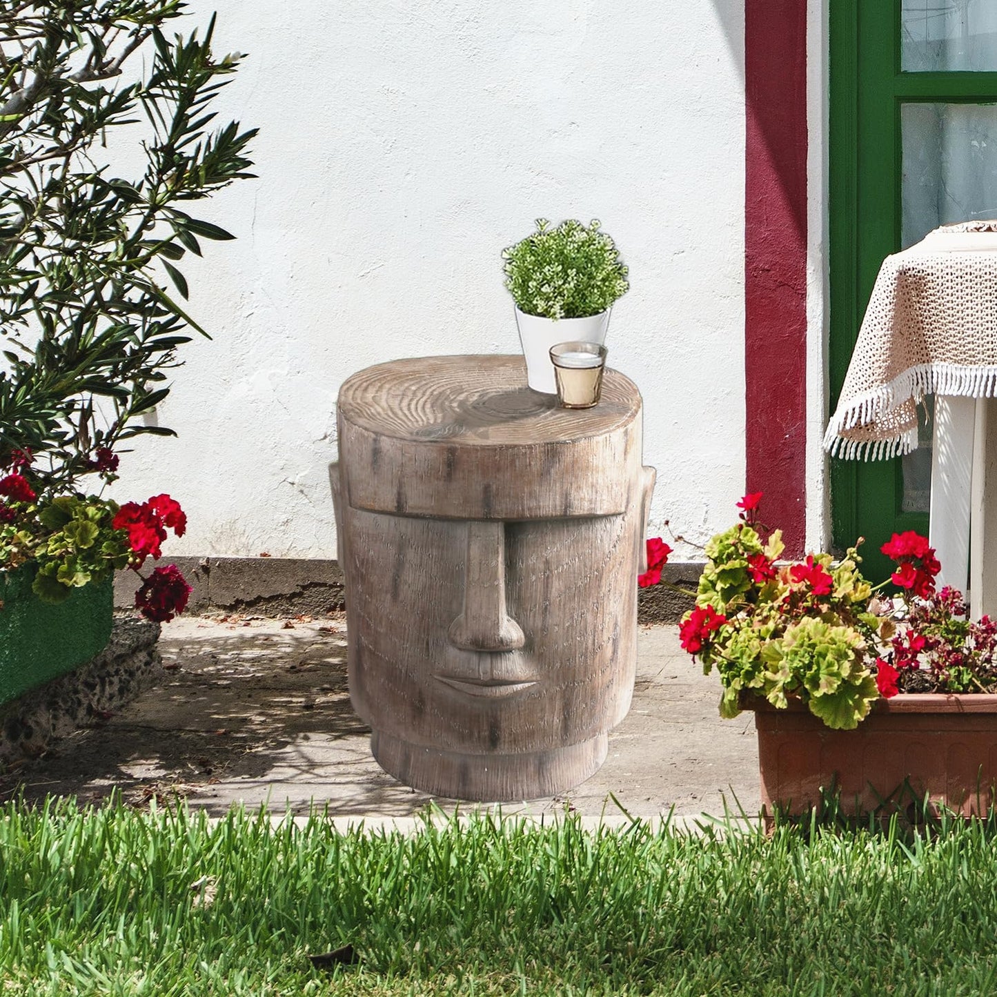 ARSTRIA Outdoor Side Table Easter Island AHU Akivi Moai Statue Pedestal End Table Stool for Home Patio Deck Sunroom Garden Balcony Yard Lawn Grey