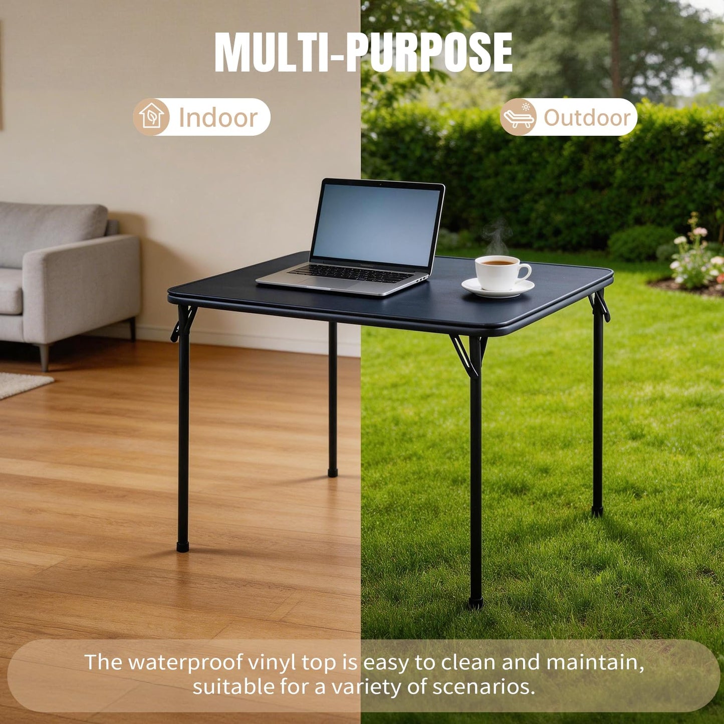 CHAIRABLE Square Folding Table, Portable Heavy Duty Card Table with Vinyl Top, Indoor Outdoor Foldable Table for Party, Picnic, Camping, Office & Events (Black)