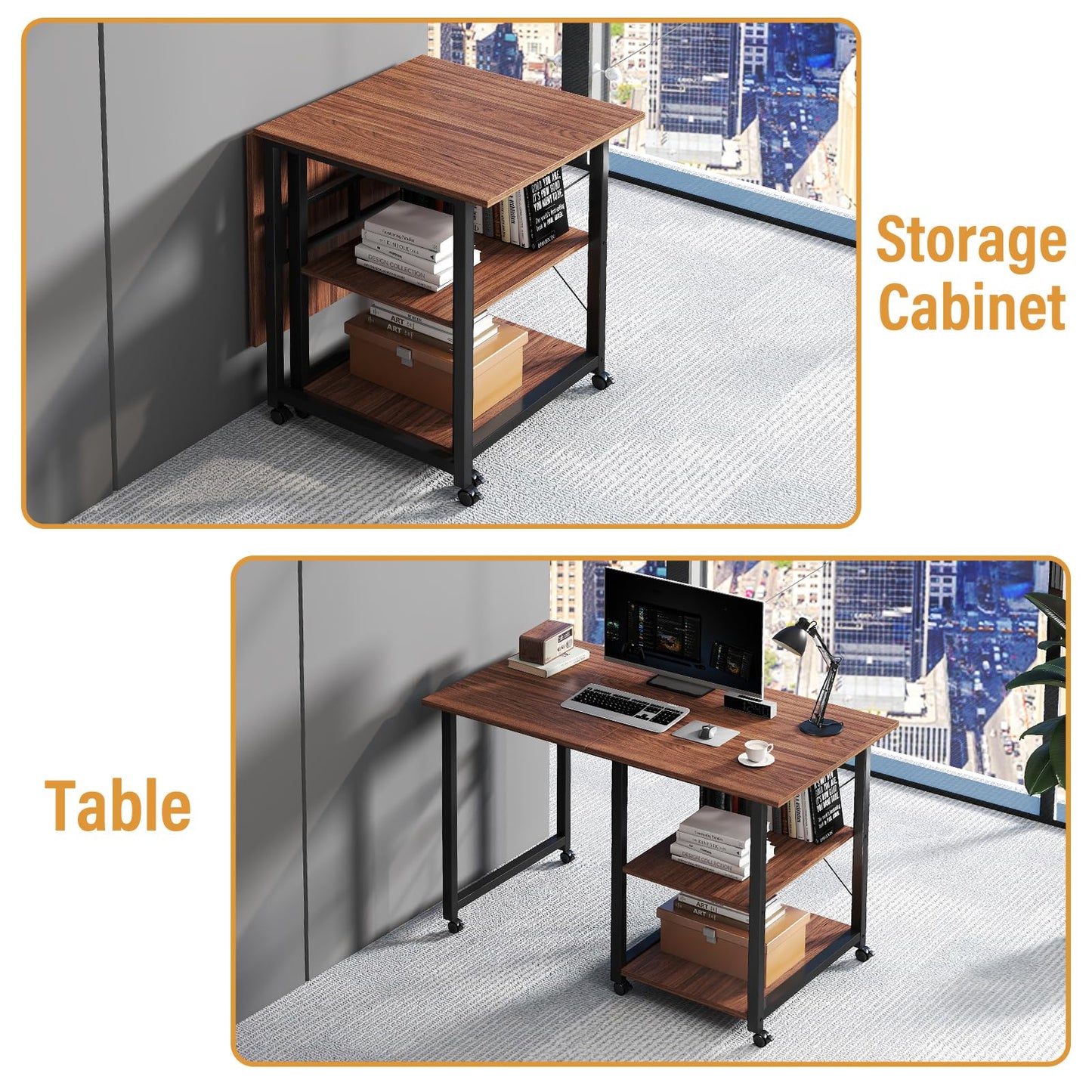 Funecy Folding Desk with Storage Shelf, Writing Office Computer Desk, 42.5 Inch Multi-Purpose Folding Dining Table, Mobile Table with Wheels (Brown)