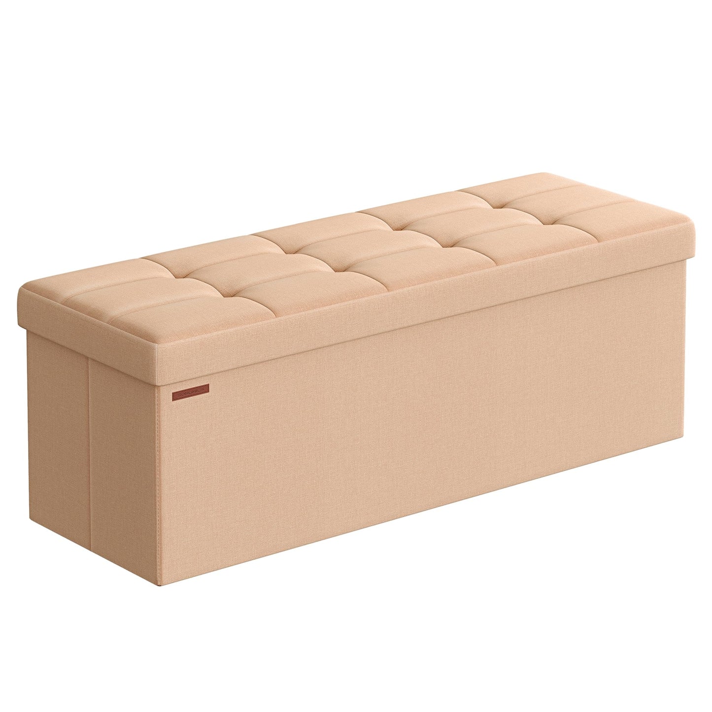 SONGMICS Mazie Collection - Storage Ottoman Bench, 43 Inches Folding Foot Rest Stool, End of Bed Bench, Easy Assembly, for Living Room, Bedroom, Entryway, Apricot Orange ULSF077O01