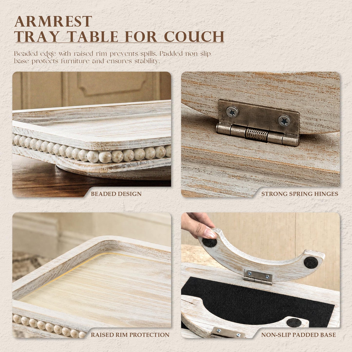 EOSAHR Pine Wood Couch Tray with Beaded Edge for Home Decor - Foldable Sofa Arm Tray as Couch Table - Decorative Trays Ideal for Coffee & Remote Control (Whitewash,13''×9''×1'')