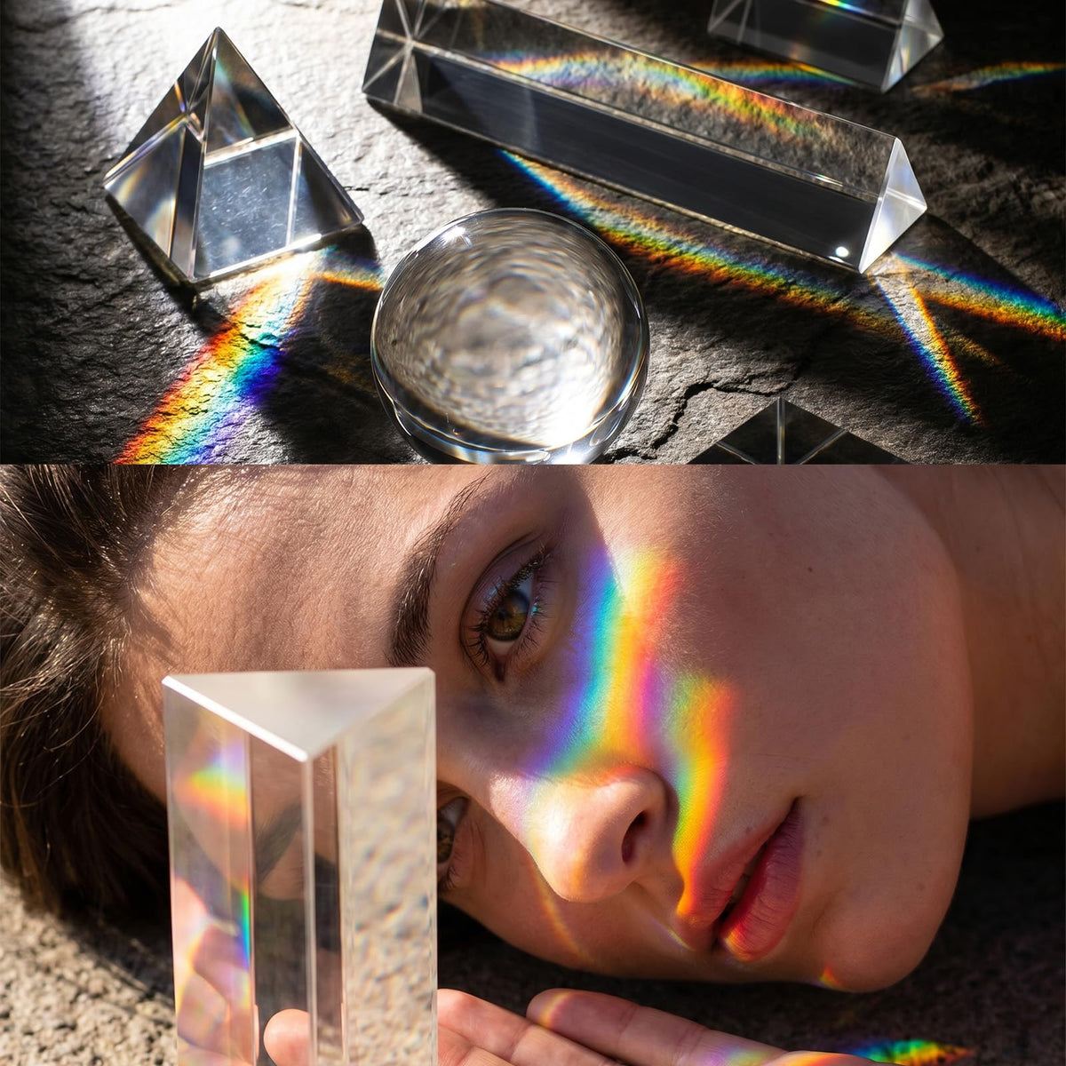 6 Pack K9 Optical Crystal Photography Prism Set Include 50mm and 150mm Clear Triangular Prism 50mm Lens Ball, Cube,Optical Pyramid and 60mm Dome Magnifying for Photography Effects Physics Optics