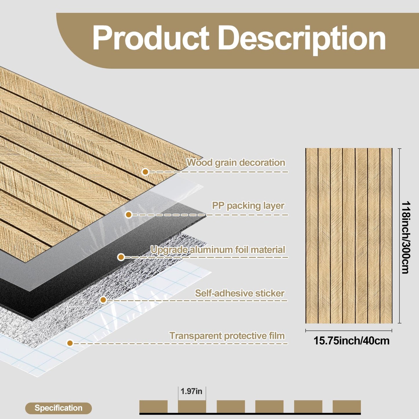 Chejiaye Wood Grain Peel and Stick 3D Wall Panel -15.75"x118"Soundproof Self-Adhesive Wall Sticker, Removable Thick PVC Slat Contact Paper for Kitchen Bedroom,Ceiling Wall Decoration (Dark Brown)