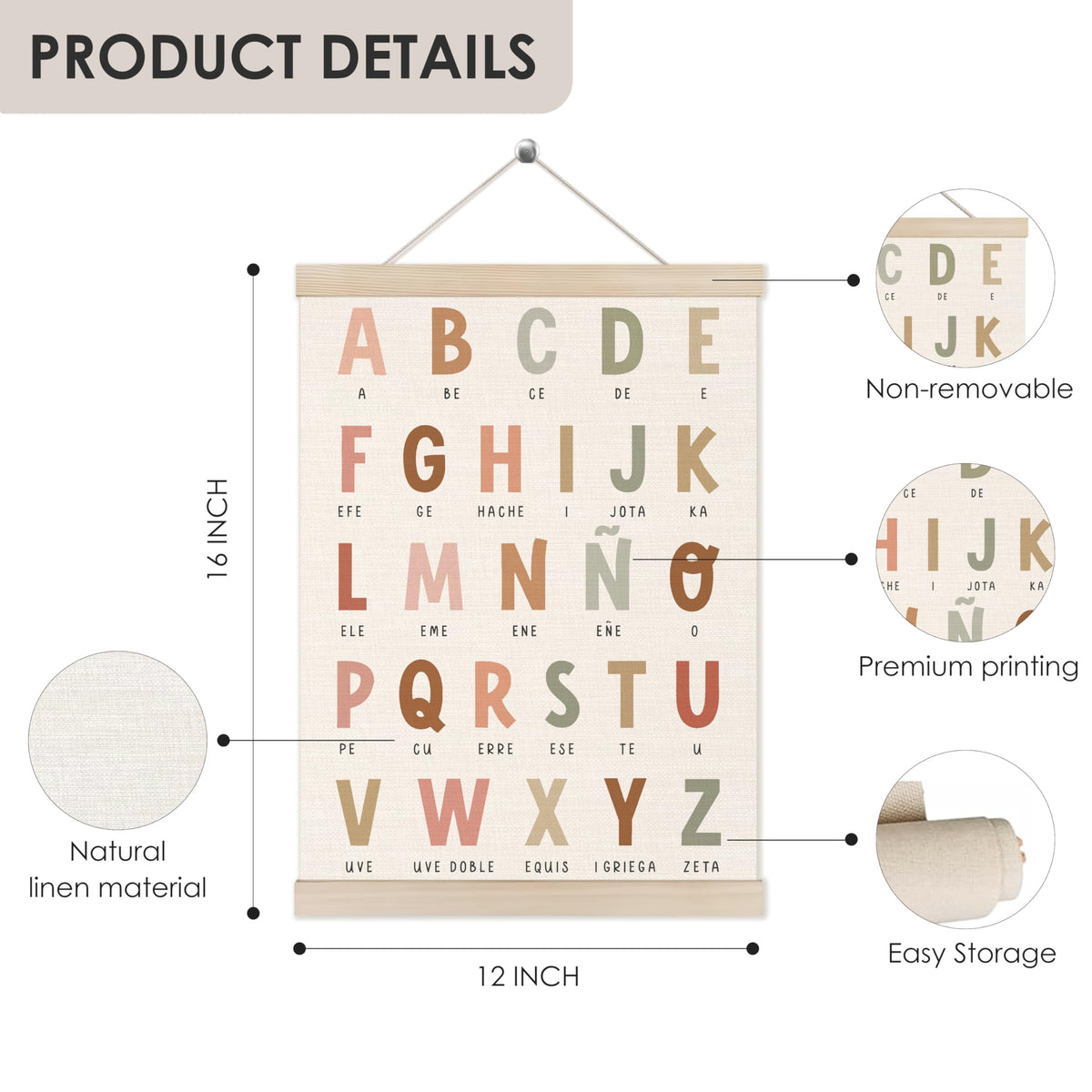 HUGANE Alphabet Wall Art, Boho Educational Nursery Poster, 12x16 Inches