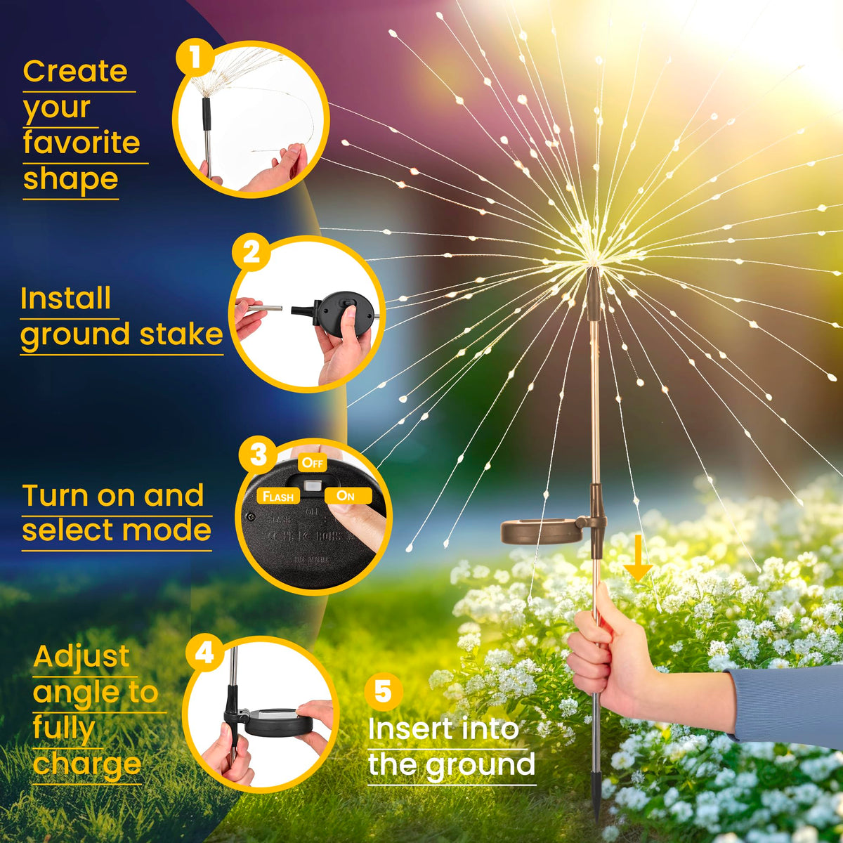 GIGALUMI Garden Decor Outdoor Lights 120LED 8Pack, Solar Garden Lights Outside Fairy Firework Decorative,Solar Powered for Yard Pathway Flowerbed Planter Balcony Patio 4th of July Decor (Warm White