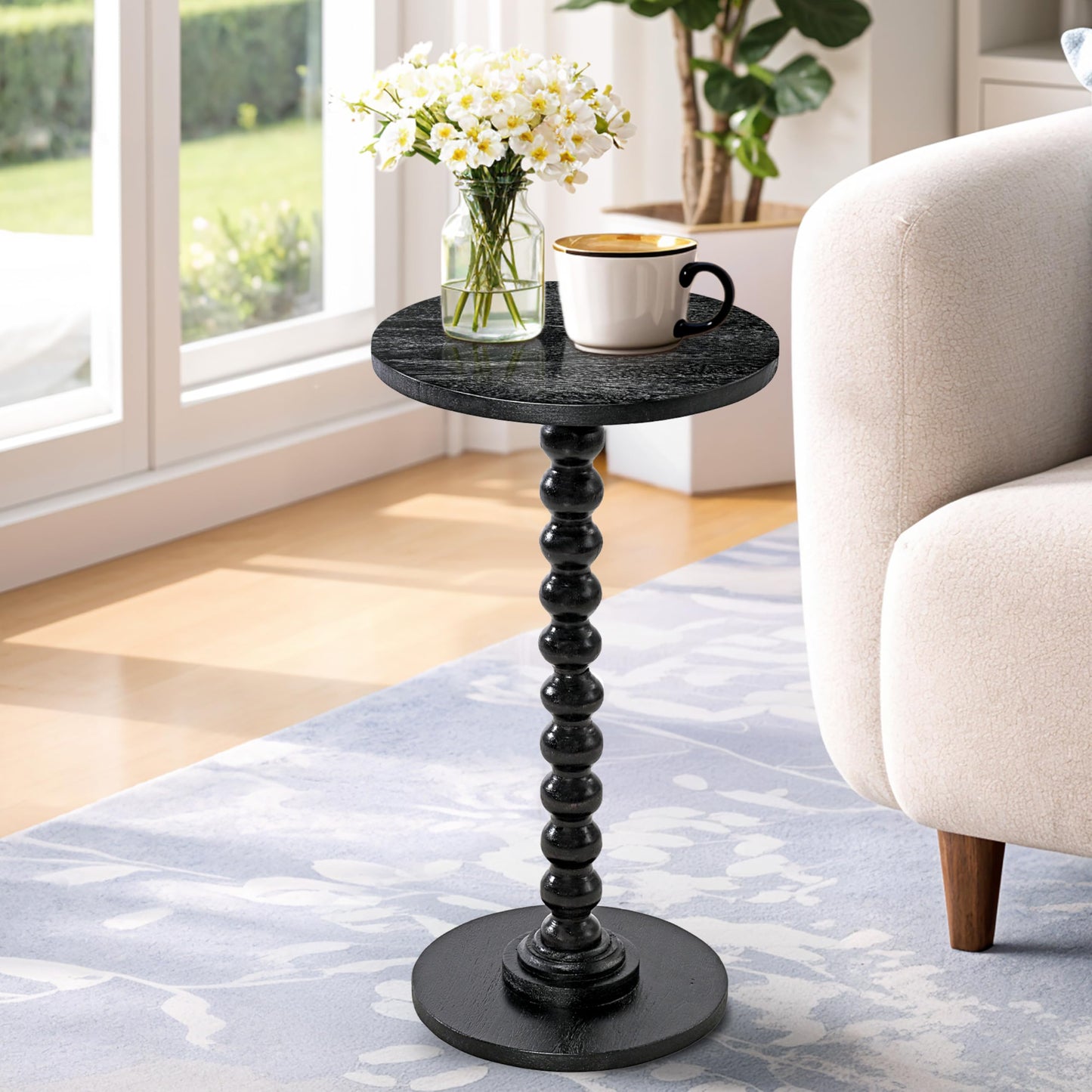 LIVINGNISH Solid Wood Round Side Table for Living Room, Handcrafted End Table for Small Spaces, Tool-Free Assembly with Non-Skid Base, Decorative Bedside Nightstand- Charcoal Gray
