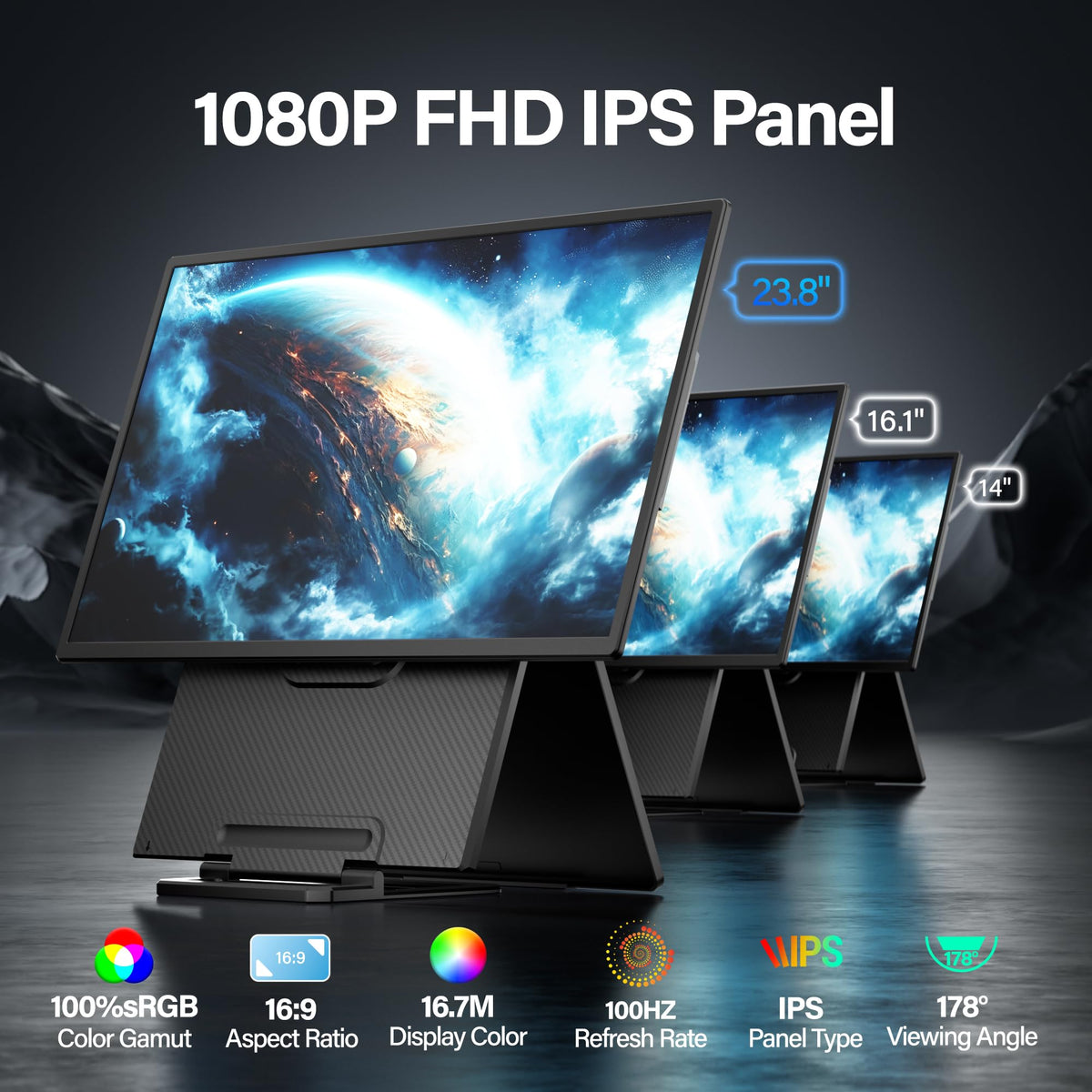 Setclod 23.8" Large Portable Monitor, 1080P FHD 100Hz Laptop Screen Extender, IPS 125% sRGB, Extra USB Hub for Office Gaming with Detachable Stand, Travel Monitor for Window, MAC, Xbox, Switch