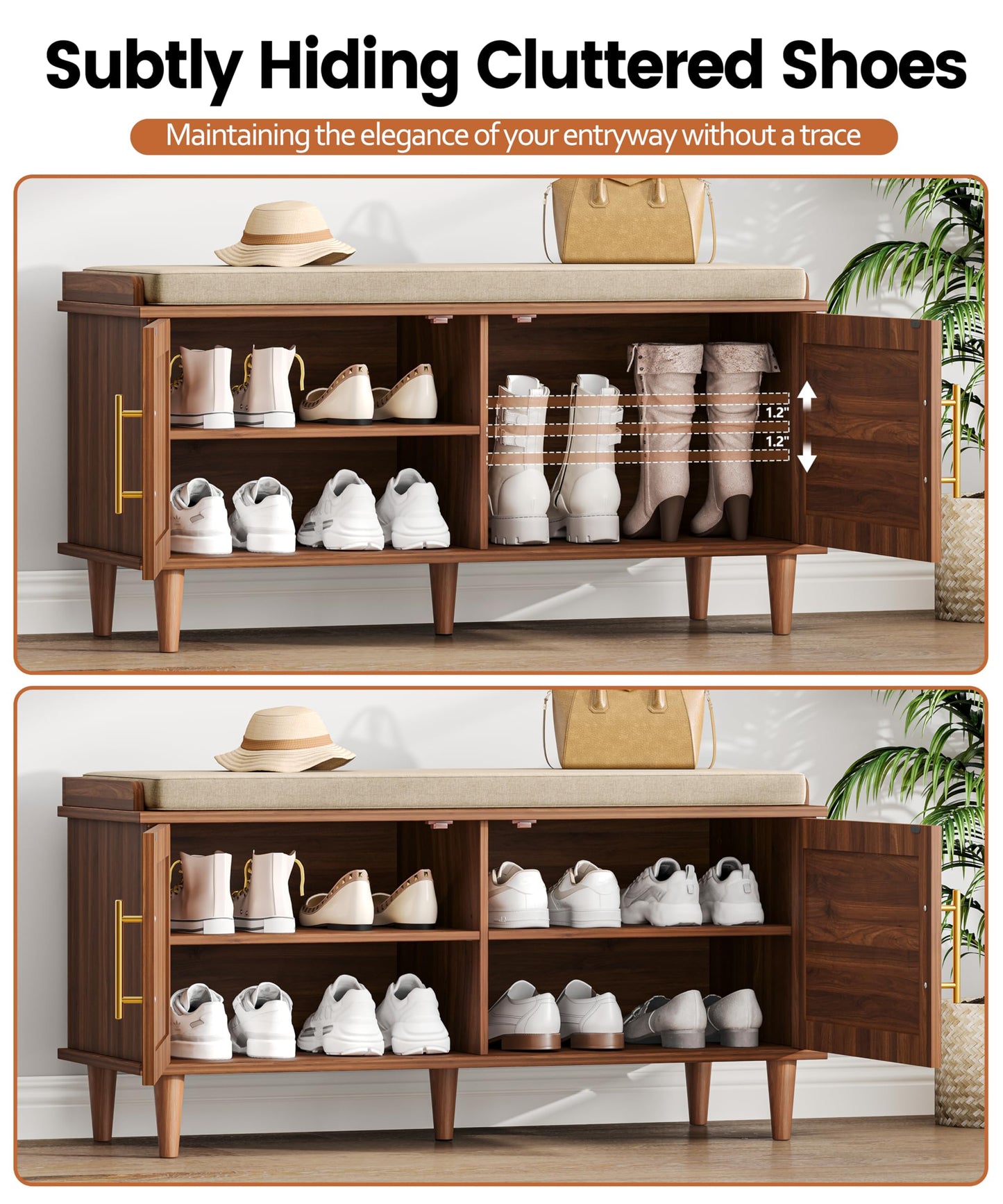 Akxomel Rattan Shoe Storage Bench with Cushion, 2-Tier Entryway Bench with Adjustable Shelves and 2 Doors, 15" D x 39.4" W x 20" H, Solid Wood Legs, for Hallway, Living Room, Bedroom, Walnut