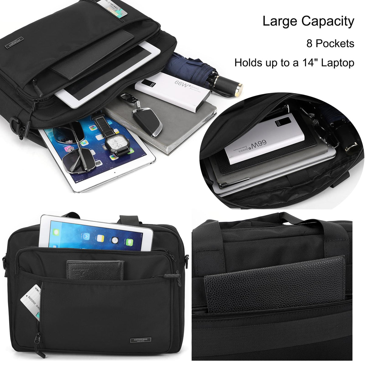 natyrlpog Laptop Bag 14 Inch Briefcase for Men Women Waterproof Nylon Lightweight, Shoulder Messenger Handbag for Business Office Work Travel College Black