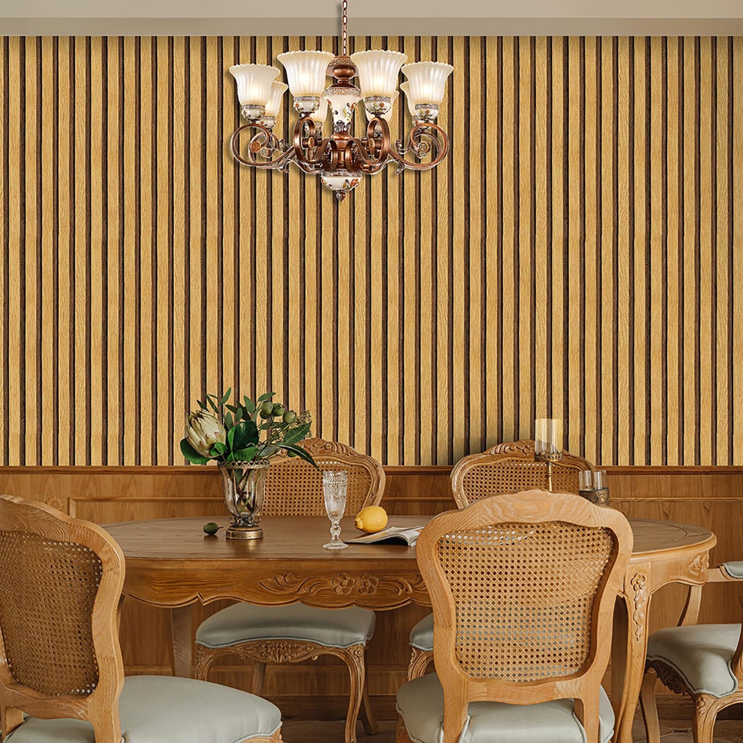 Mfnyzsem Wood Slat Wallpaper - 17.7"x118.1" Self-Adhesive Faux Wood Panel Peel and Stick Wallpaper Waterproof Vinyl Removable Wall Paper for Bathroom Living Room Bedroom Accent Wall, Tan