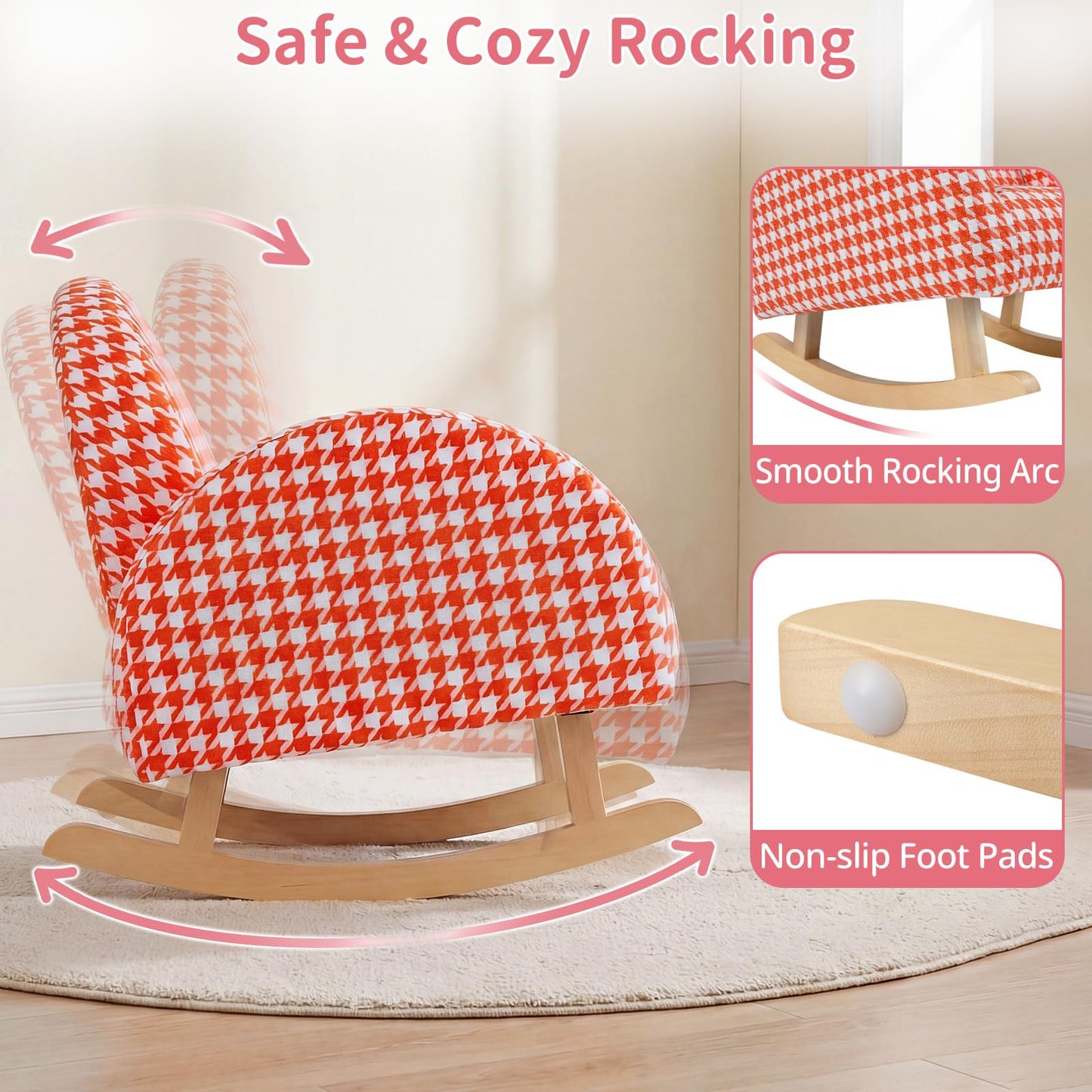 INFANS Kids Sofa, Toddler Rocking Chair with Solid Wooden Frame, Anti-Tipping Design, Plush Fabric, Children Armchair for Nursery Kindergarten Gift for Boys Girls (Rocking Chair, Orange)