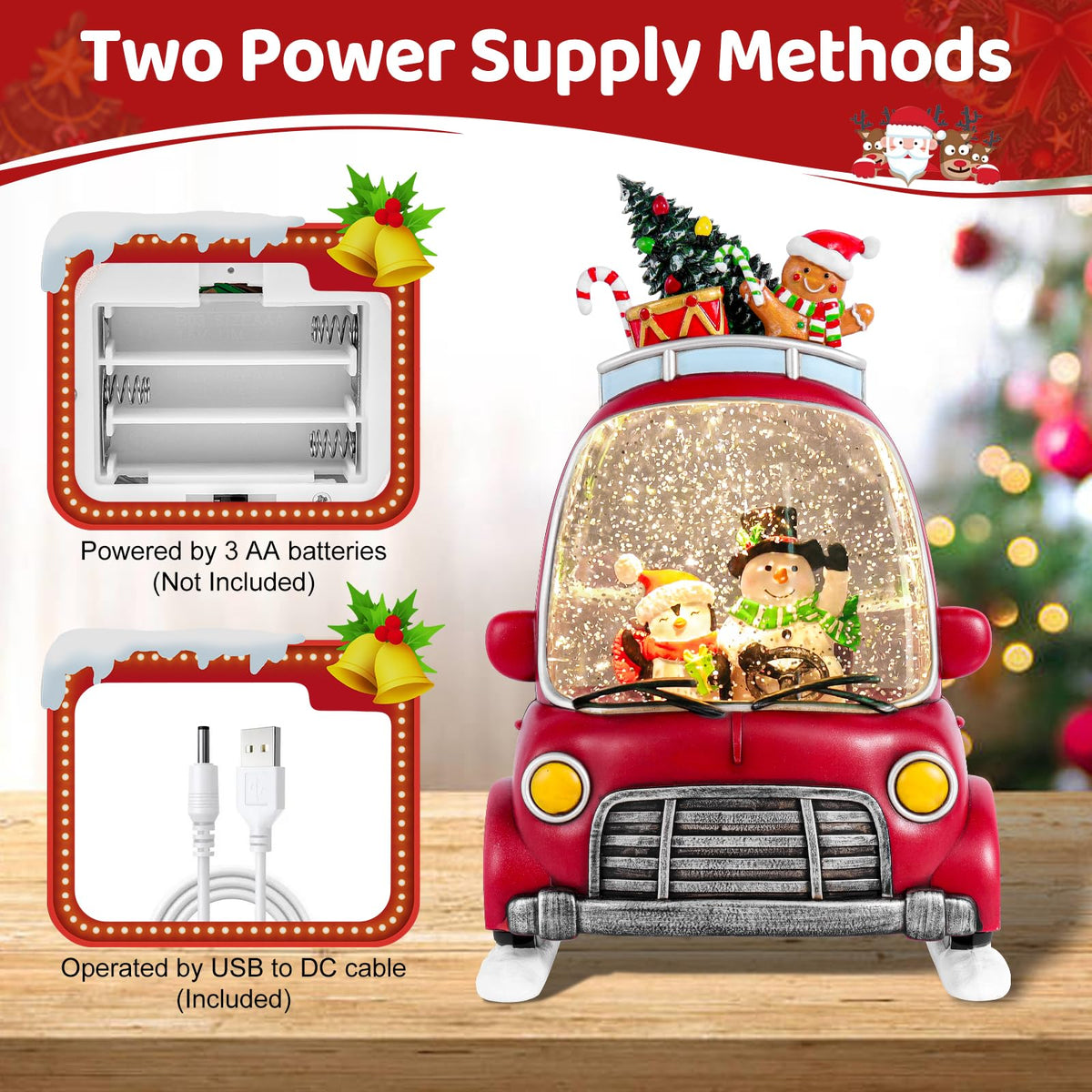 Christmas Snow Globe Lantern with 8 Holiday Music, Christmas Water Snow Globe USB/Battery Powered 6H Timer, Glitter Snowfall Snowman and Penguin Scene for Family Friends (Snowman Penguin)