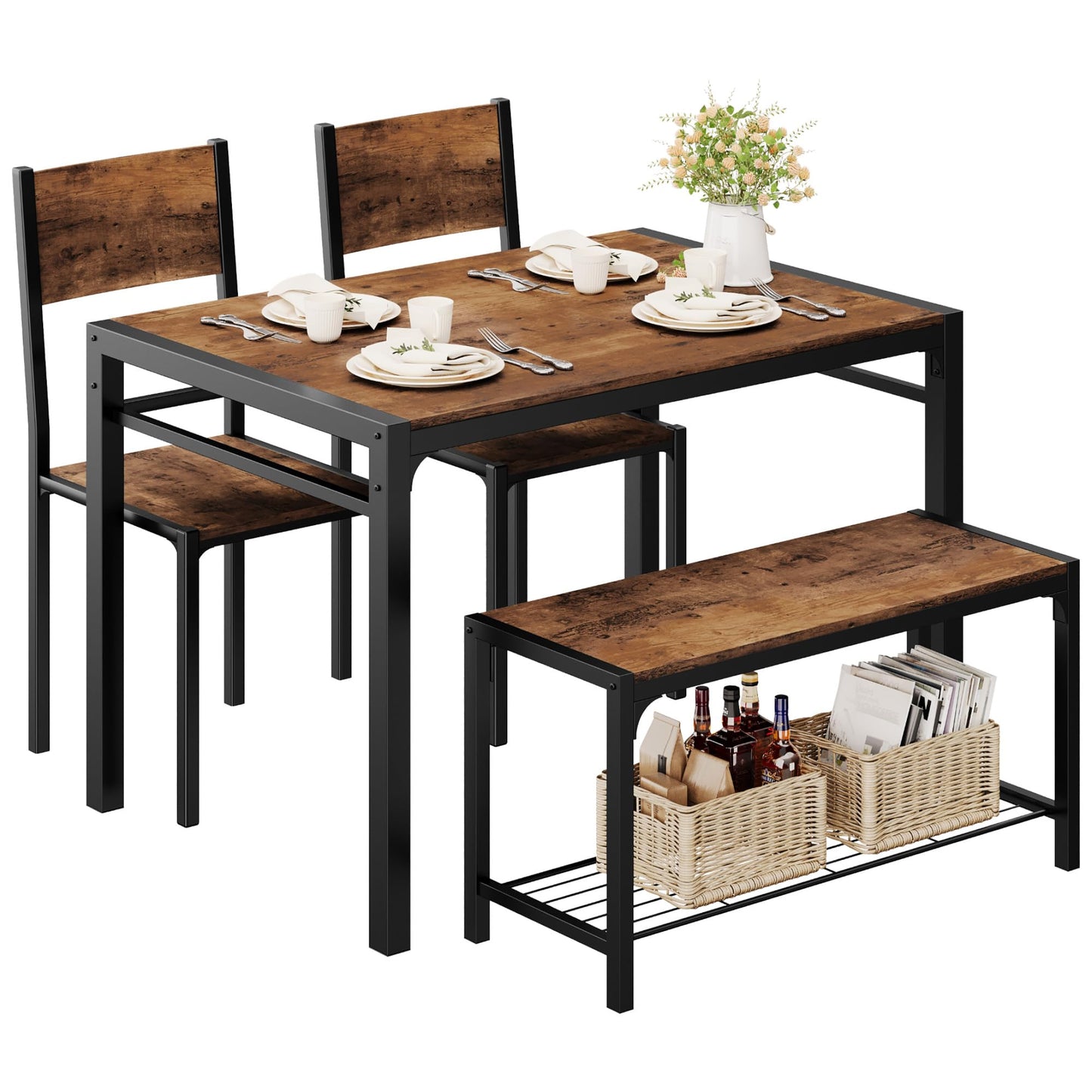 Shahoo Kitchen Table and 2 Chairs for 4 with Bench, 4 Piece Dining Sets for Small Space, Brown