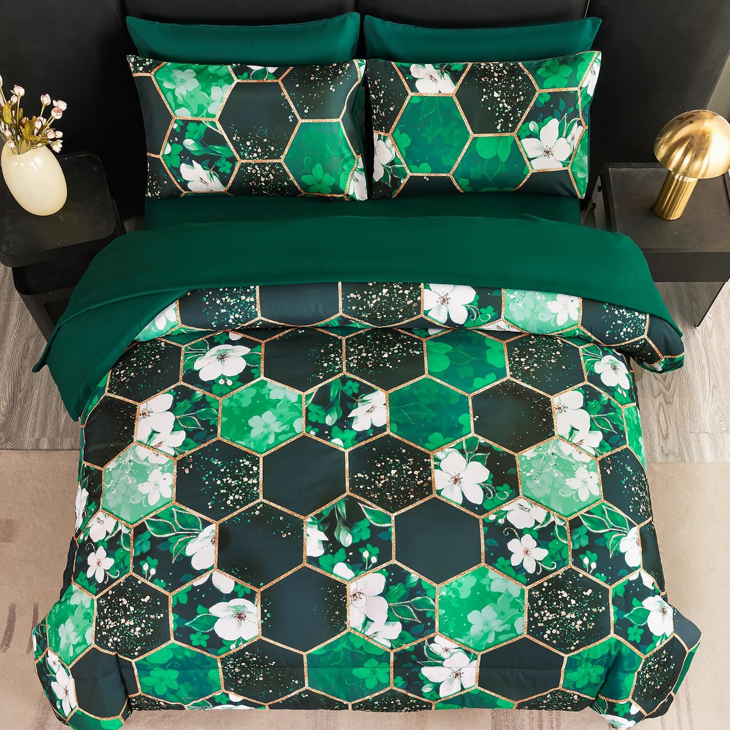 ZRNBAST Emerald Green Comforter Set King, 7Pcs White Floral Hexagon Bed in A Bag, Soft Geometric Bedding Sets with Sheets Pillowcases for Women Men(Green Floral,King)