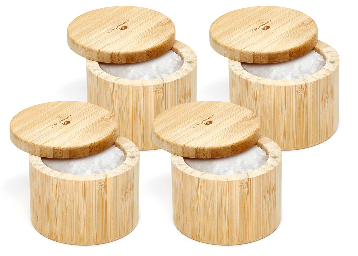 RoyalHouse 6 Oz Capacity Natural Bamboo Salt and Pepper Holder With Bamboo Lid, Salt Cellar With Magnetic Swivel Lid, Healthy Storage Box For Herbs Or Favorite Seasonings (Pack of 4)