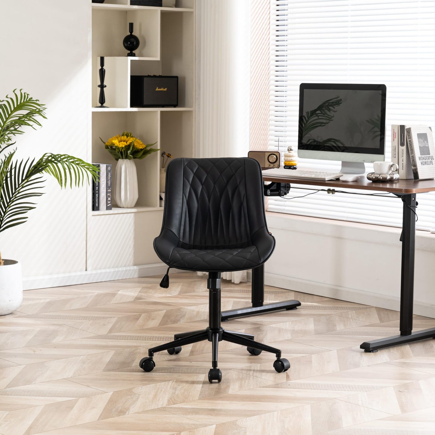 YOUNIKE Black Faux Leather Ergonomic Office Chair Armless Comfy Desk Chair with Rocking Back Cute Swivel Vanity Chair with Wheels Height Adjustable Small Computer Task Chair for Sewing Drafting