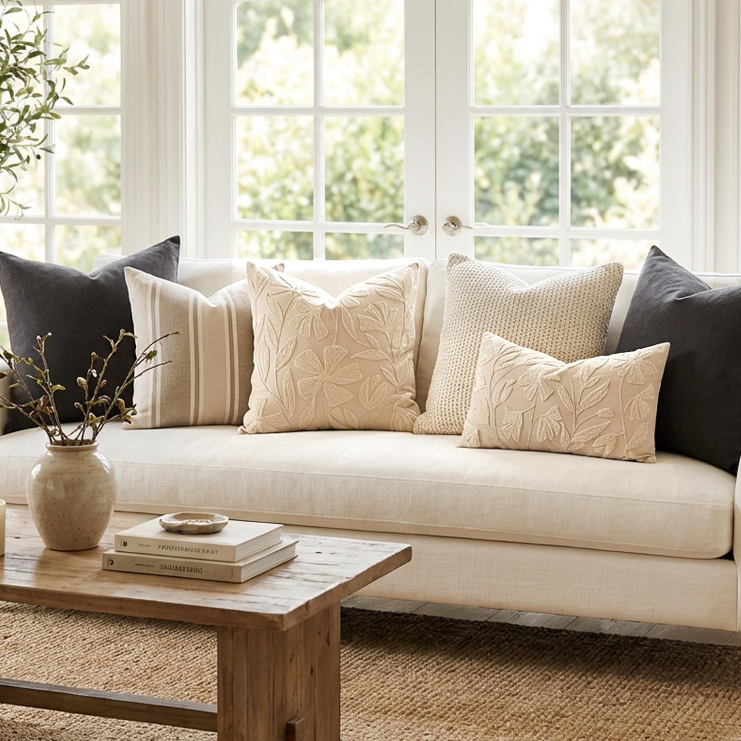 BlissBlush Decorative Throw Pillow Cover 20x20, Beige Neutral Velvet Accent Cushion Cover for Couch Sofa Living Room, Floral Tufted Square Pillowcase (Cover Only)