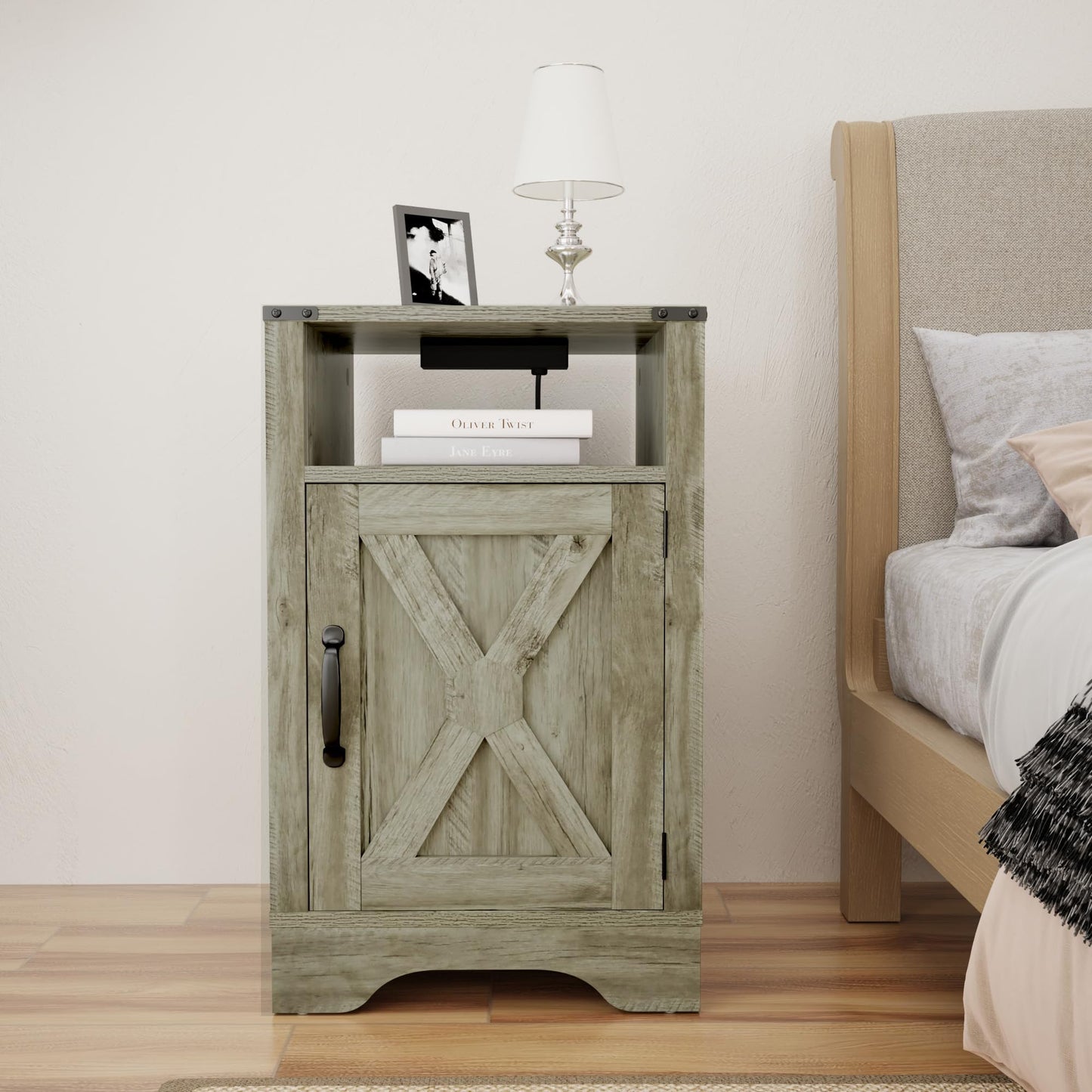 RoyalCraft Farmhouse Nightstand, End Table with Charging Station, Tall Bedside Table with Large Storage Room and Shelf, Wooden Rustic Side Table for Bedroom, Home Office, Light Grey