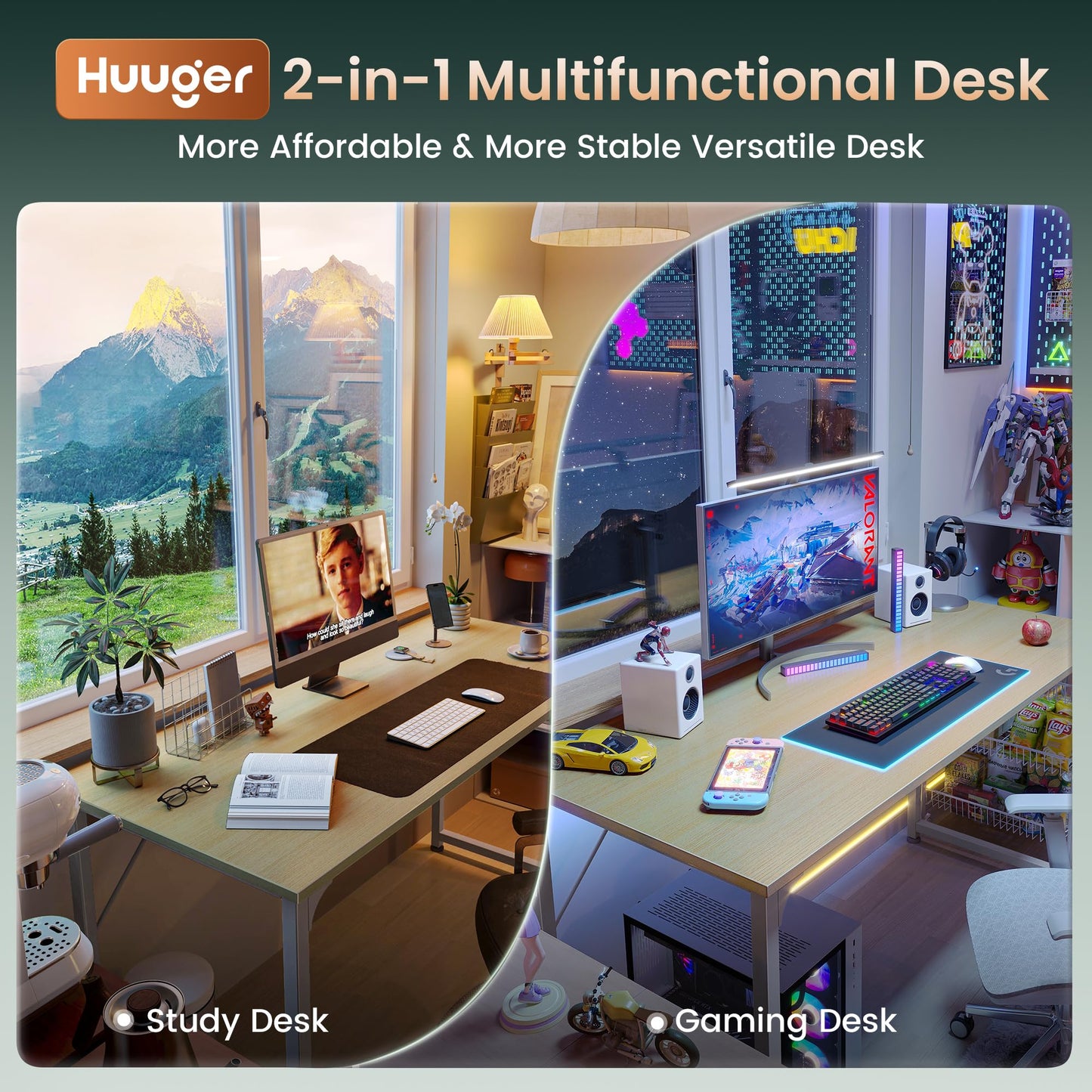 Huuger Computer Desk, 54 Inch Office Desk, Gaming Desk with Storage, Writing Desk Work Desk for Home Office, Study, Modern Simple Desk, Large Legroom, Metal Frame, Maple