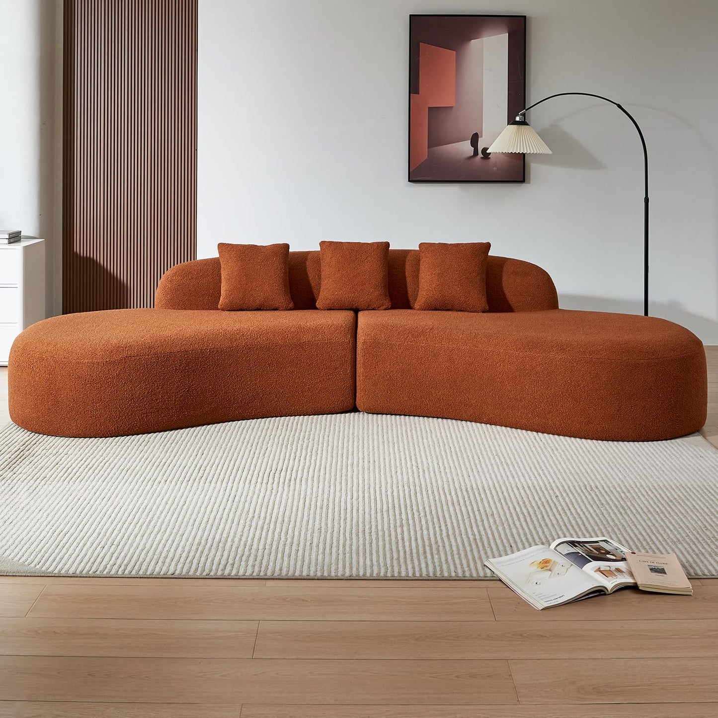 BBTJOINT Modern Curved Sectional Sofa, Boucle Fabric Boneless Couch, Oval Shape Chaise Lounge for Living Room with 3 Throw Pillows, (Burnt Orange)