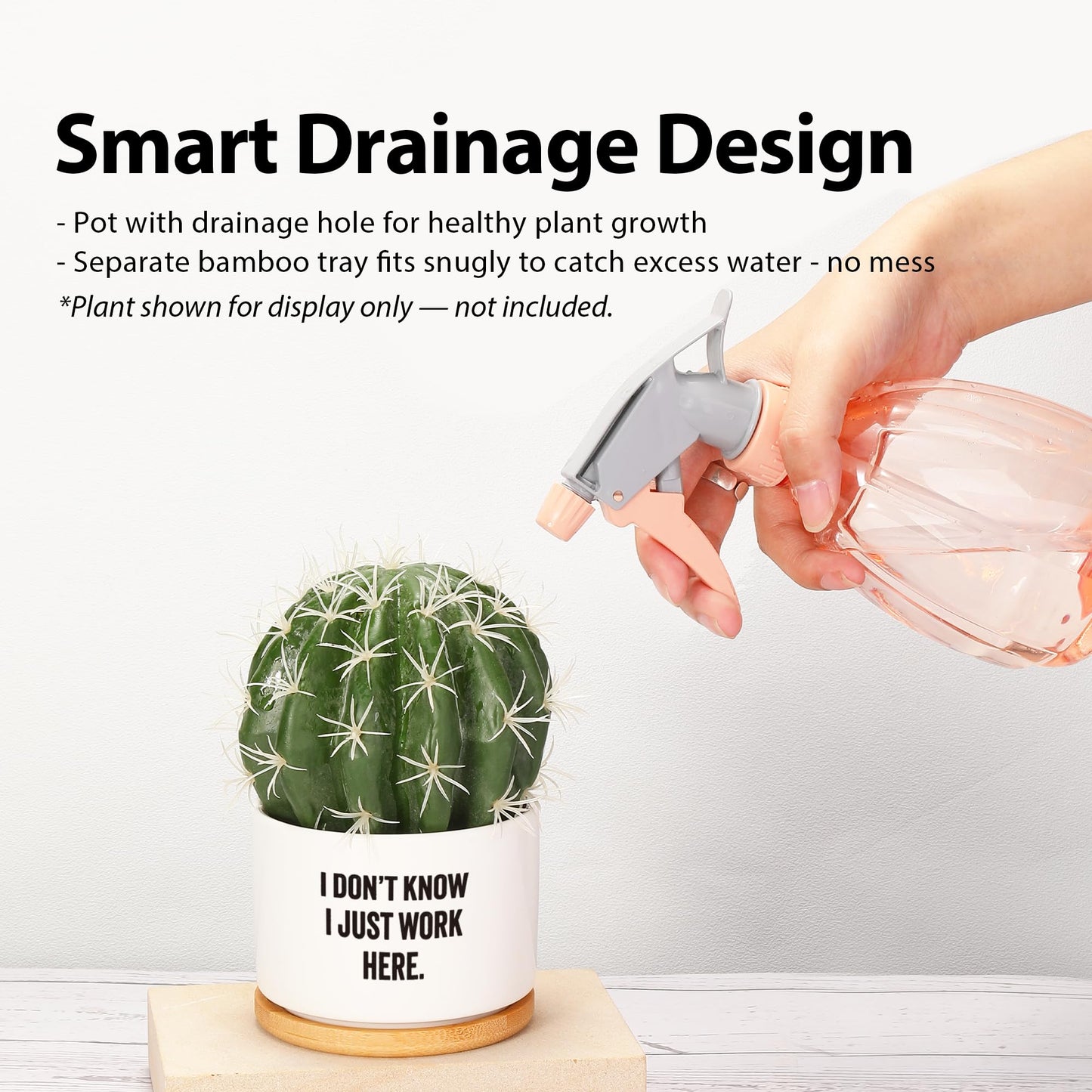 I Don’t Know I Just Work Here Ceramic Succulent Plant Pot with Bamboo Tray Round Sarcastic Gifts for Coworkers Officemates Office Gifts Home Office Decor Plant Lover 3.5 Inch White (No Plants)