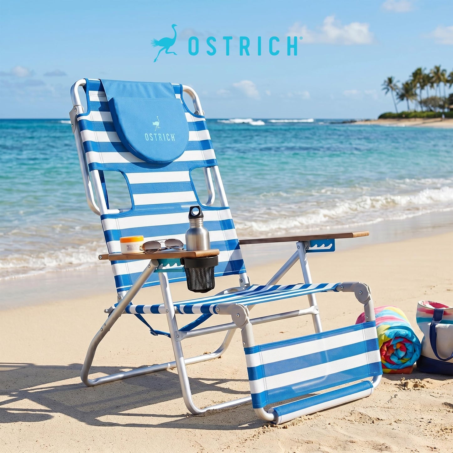 Ostrich the Original 3N1 Lightweight Beach Reclining Lounge Chair with Footrest, Outdoor Furniture for Patio, Balcony, Backyard, or Porch, Blue Stripe