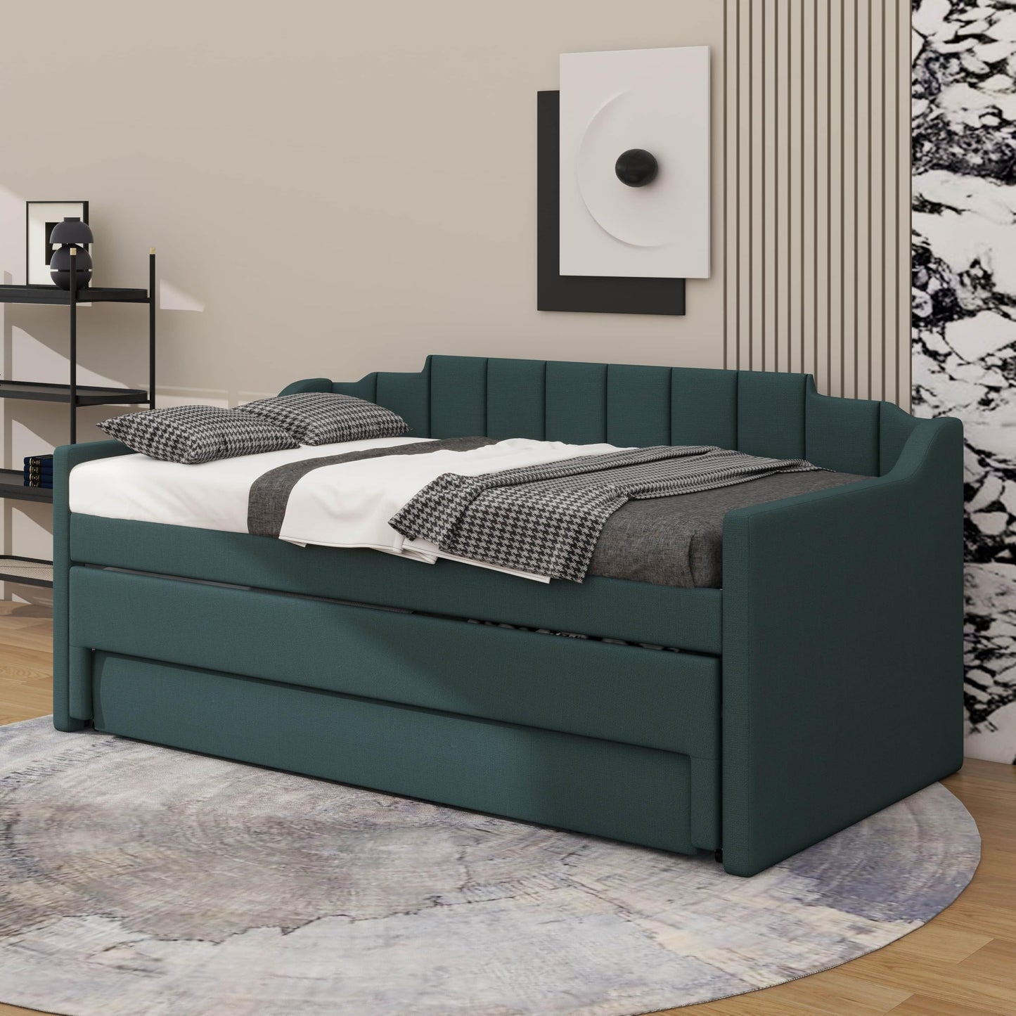 YunNianYang Twin Size Upholstered Daybed with Trundle and Three Drawers (Green)