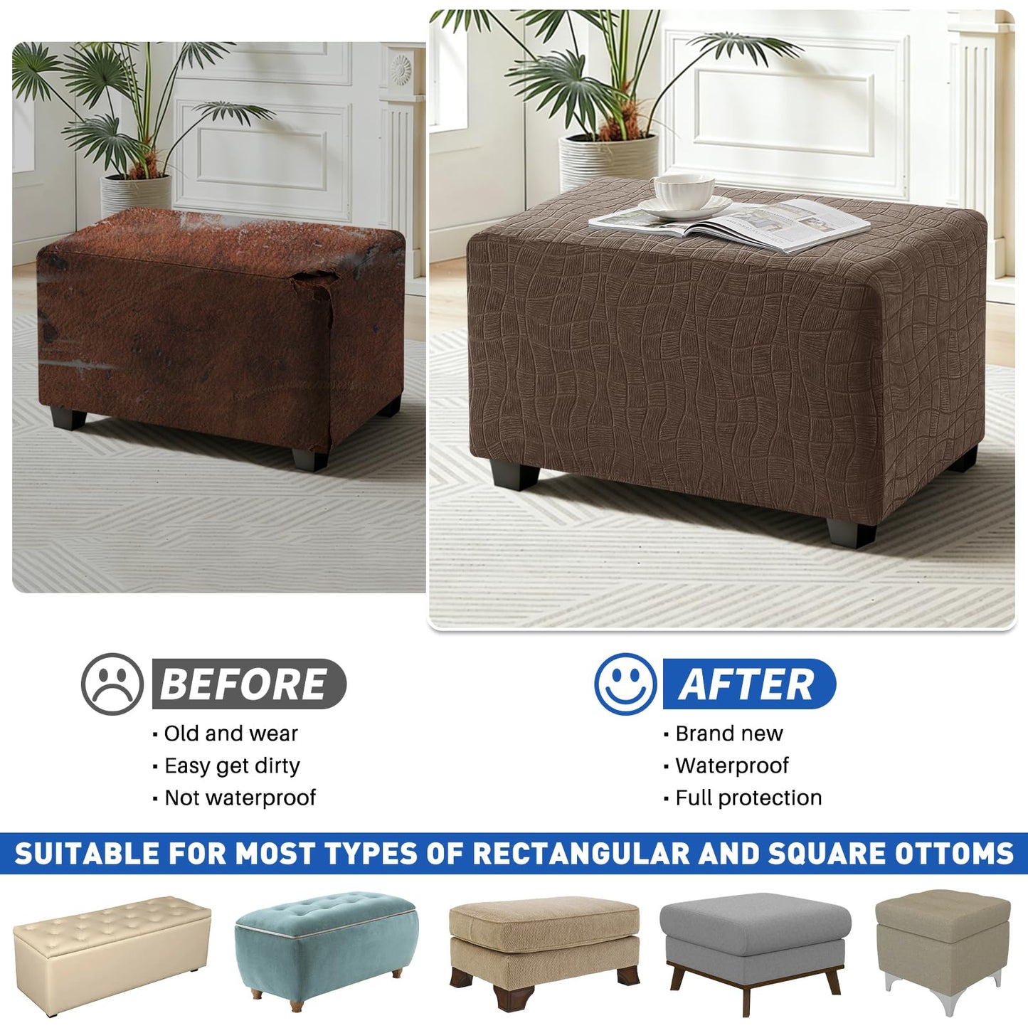 MAXIJIN Waterproof Ottoman Cover Rectangle Stretch Ottoman Slipcovers Square Thick Stool Covers Storage Footrest Furniture Protector with Non-Slip Elastic Bottom (Small, Coffee)