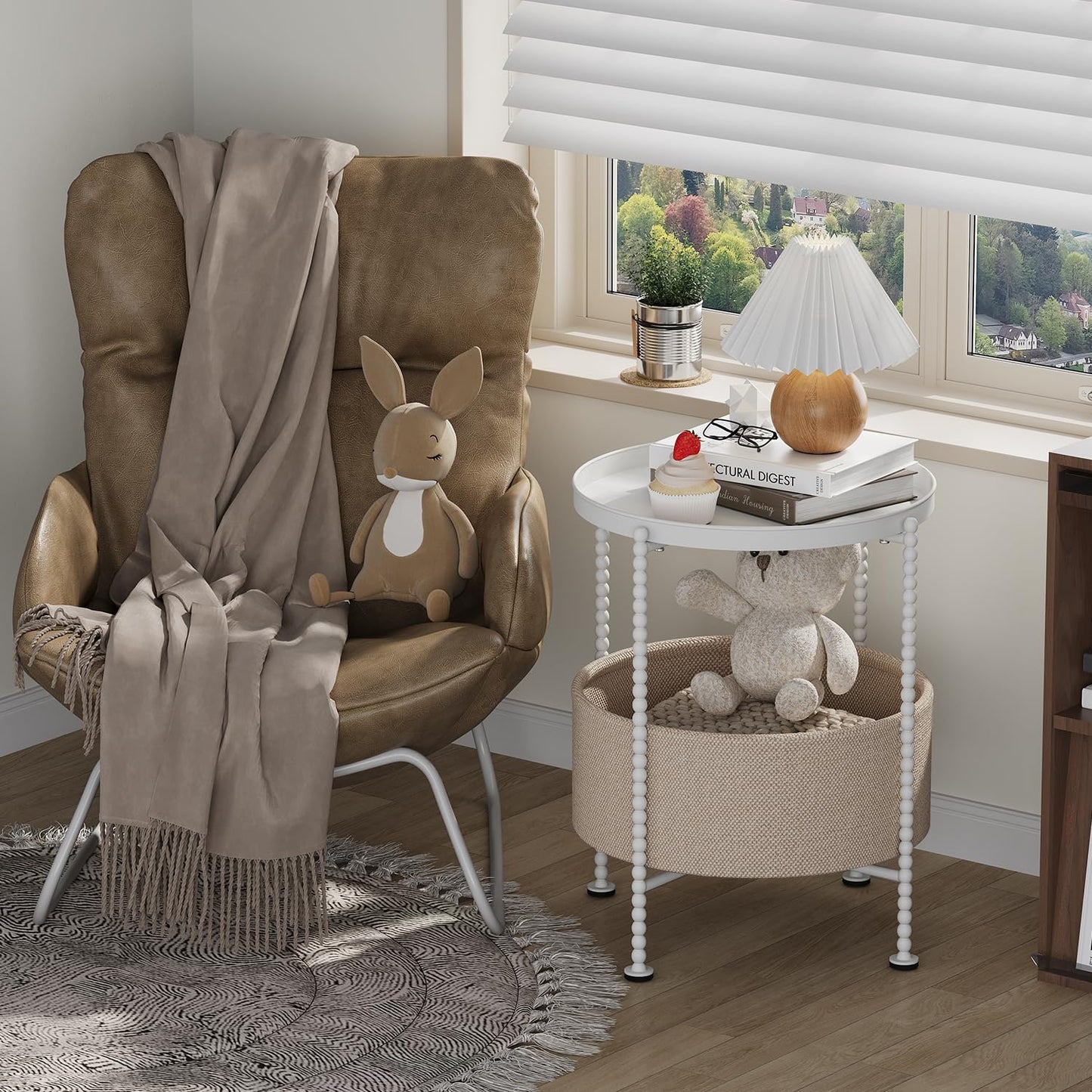 YINMIT Round Side Table with Fabric Storage Basket, Metal End Table, Bedside Nightstand,Sofa Coffee Side Table for Living Room，Bedroom, Office, Balcony