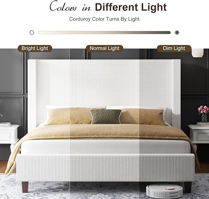 HOWE Queen Size Bed Frame with 50.8" Tall Wingback Headboard, Modern Corduroy