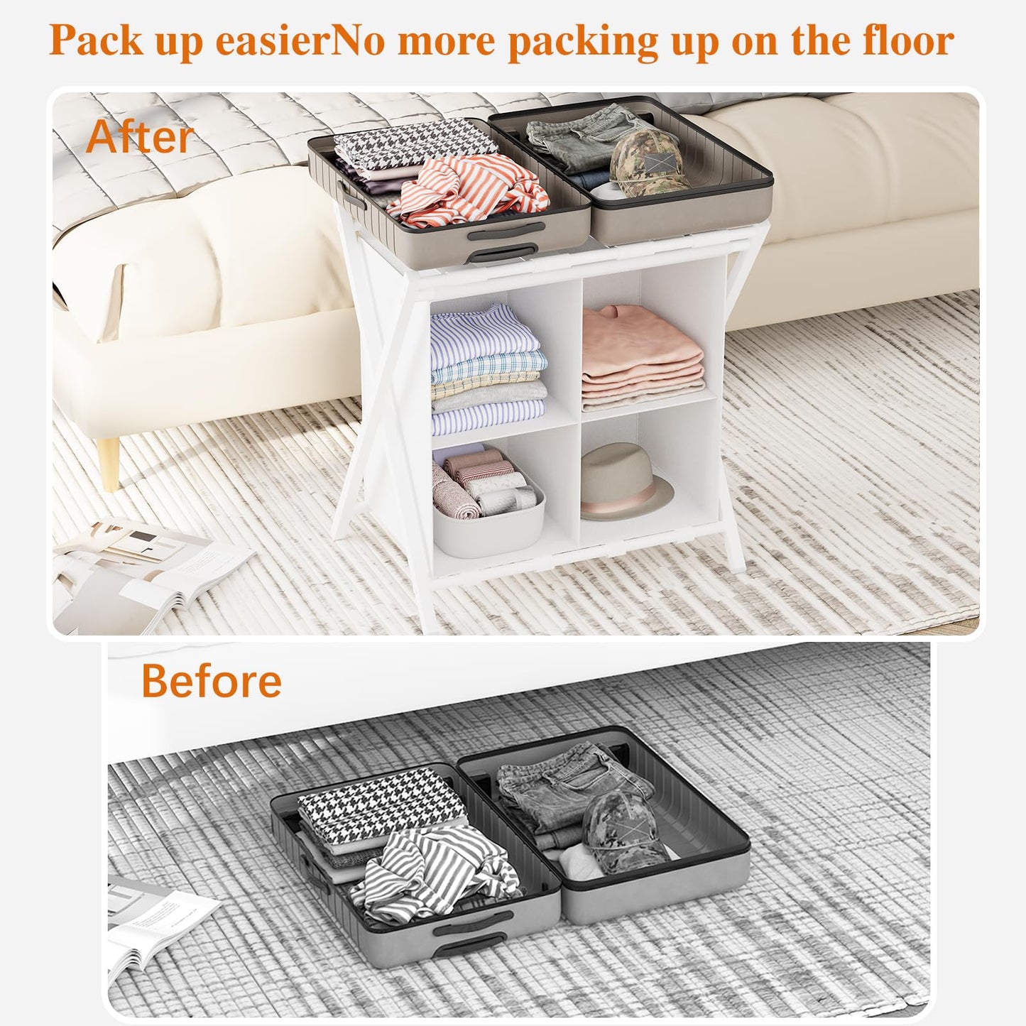 aboxoo Luggage Rack with storage, Guest Room Folding Suitcase Stands, Holds up to 120 lb, Space Saving Suitcase Holders for guest room, Bedroom Hotel, White