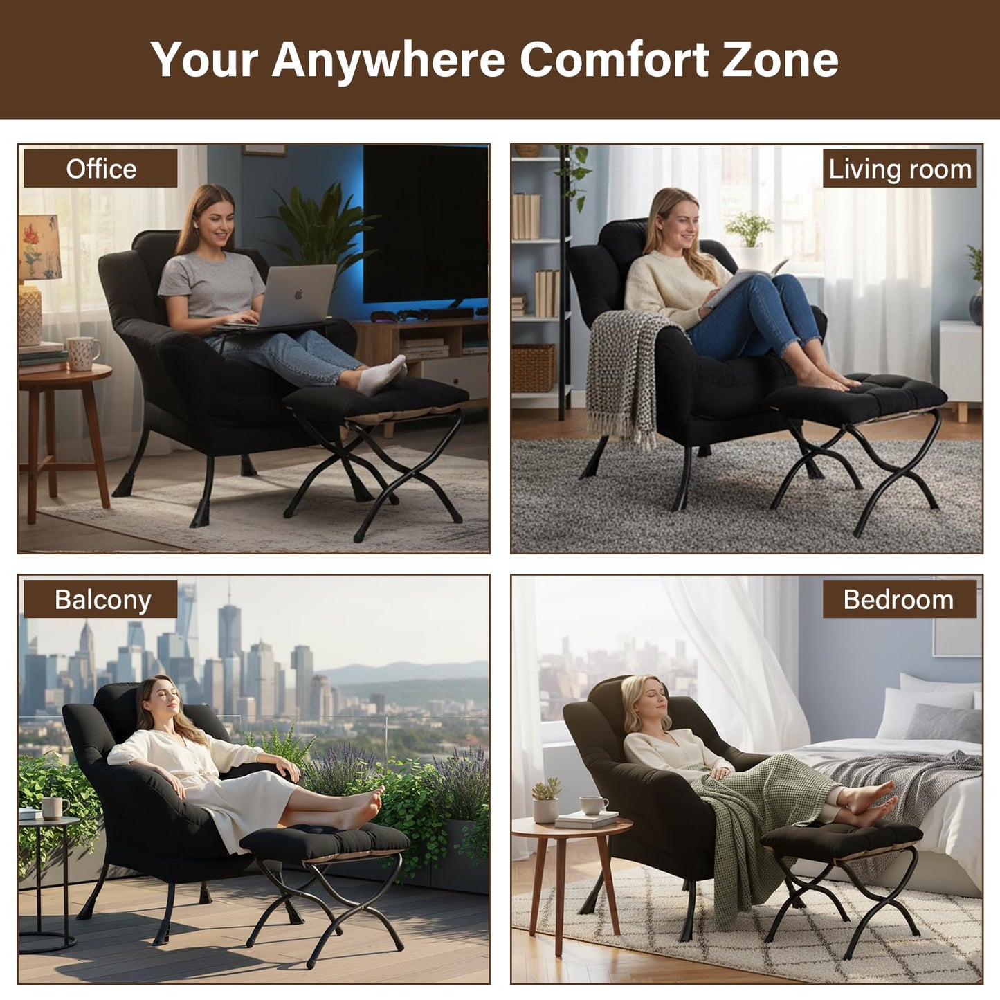 Welnow Lazy Chair with Ottoman, Modern Accent Chair with Armrests and a Side Pocket, Leisure Sofa Armchair Set, Reading Armchair with Footrest for Small Space, Black
