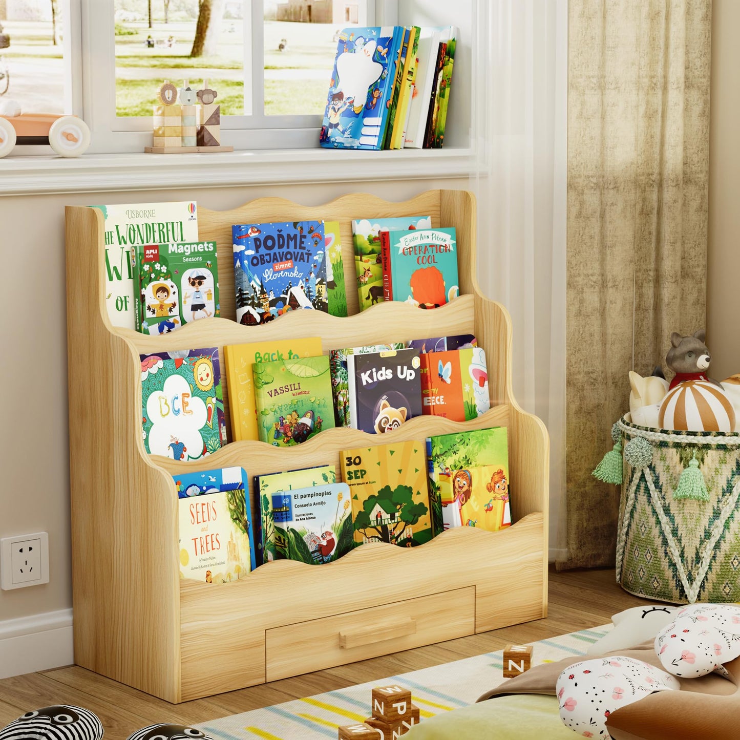 FIKSG 3-Tier Montessori Scalloped Kids Bookshelf, 29.6" Wide Natural Wood Forward Facing Bookcase for Toddlers, Children's Book Display and Organizer for Playroom, Nursery, Bedroom or Classroom