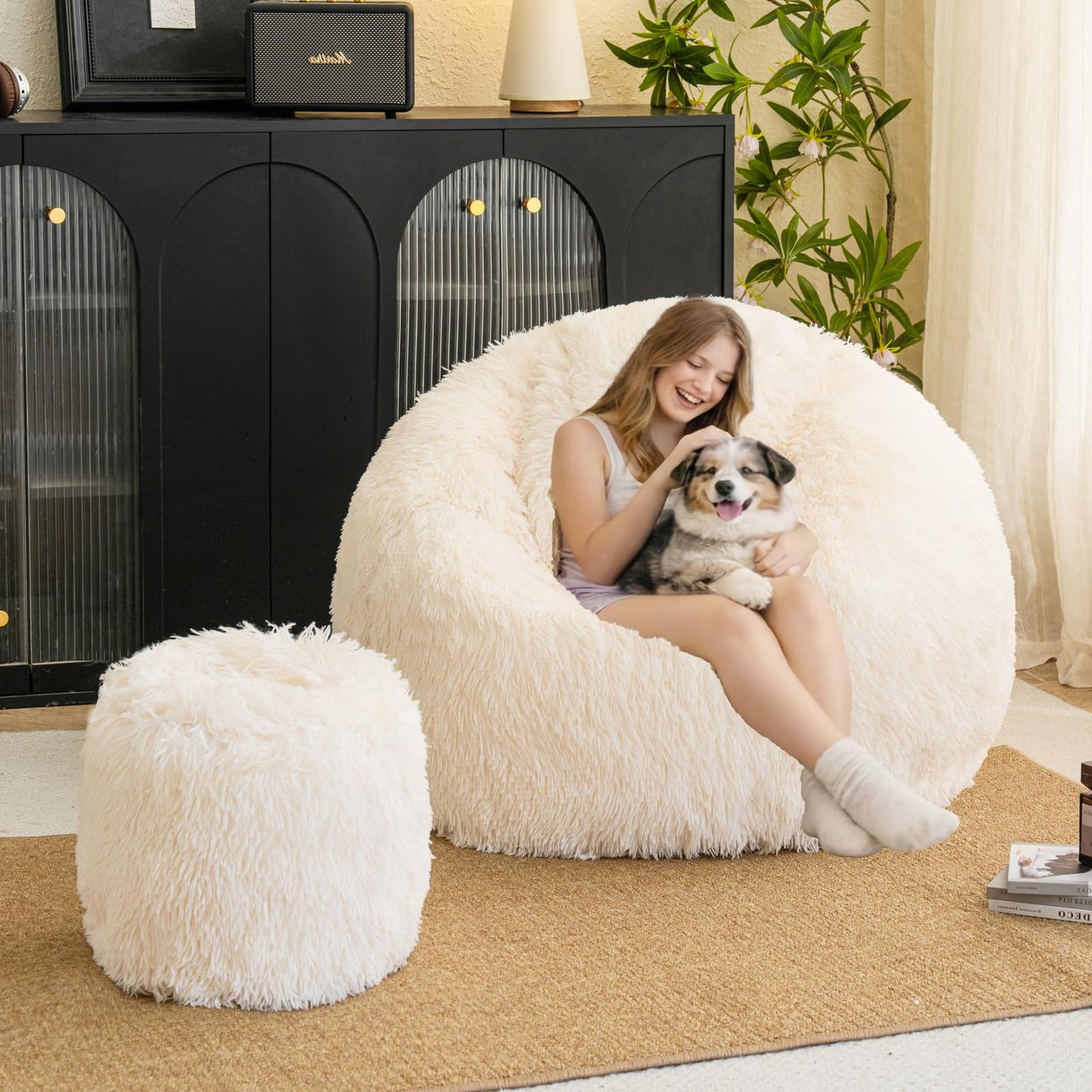 Beige faux fur bean bag chair covers (No Filler), comfy Fluffy Beige bean bag chair Cover for bedroom, stuffed animal Storage, kids adults teens girls bean bag chairs, Anti-Slip