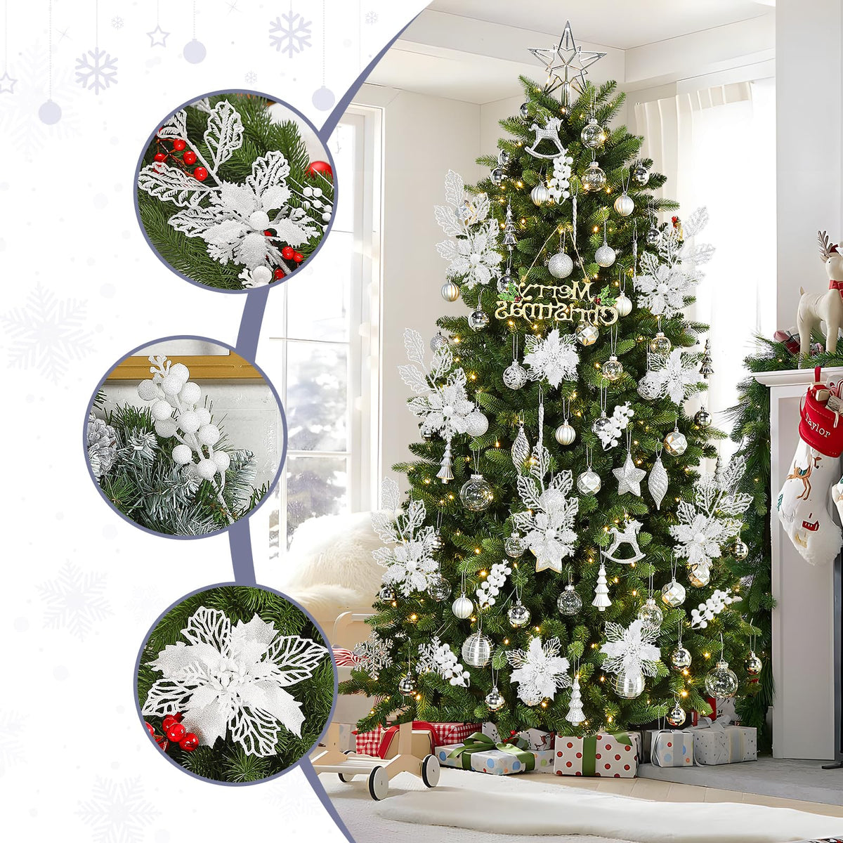 Alupssuc 24 Pcs Artificial Glitter Christmas Tree Picks, Boxed 12 Poinsettia Flowers+ 6 Berry Stems+ 6 Flowers Berry Leaves Decorations Set, Indoor Outdoor Holiday Ornaments Decor, White