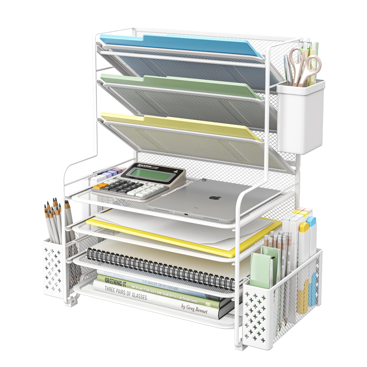 Simple Trending 7 Tier Desk File Organizer, Letter Tray Paper Organizer with Pen Holder and Metal Hanging Basket, White