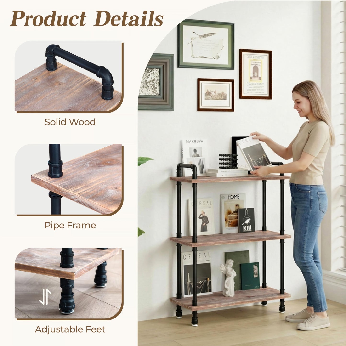 Industrial Bookshelf, Rustic Open Bookcase, 3 Tier Wood and Metal Bookshelf, Solid Pine Wood and Iron Pipe Storage Shelf Narrow Small Space Storage Shelf for Living Room Office Bedroom Kitchen
