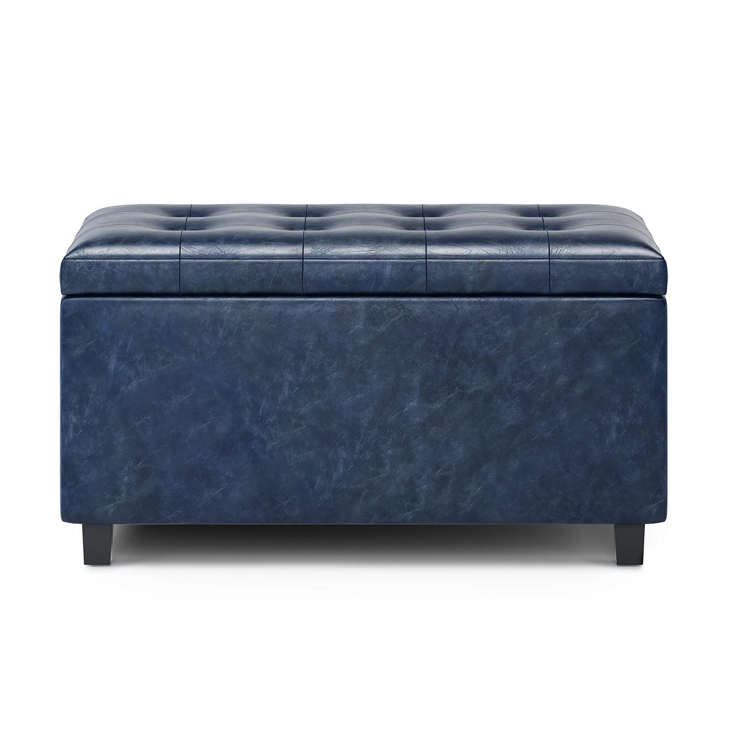 SIMPLIHOME Cosmopolitan Storage Ottoman - 34 inch Wide Upholstered Vegan Leather Rectangle Storage Ottoman Bench in Denim Blue, Transitional Tufted Ottoman for Living Room or Entryway with Lift-Up Lid