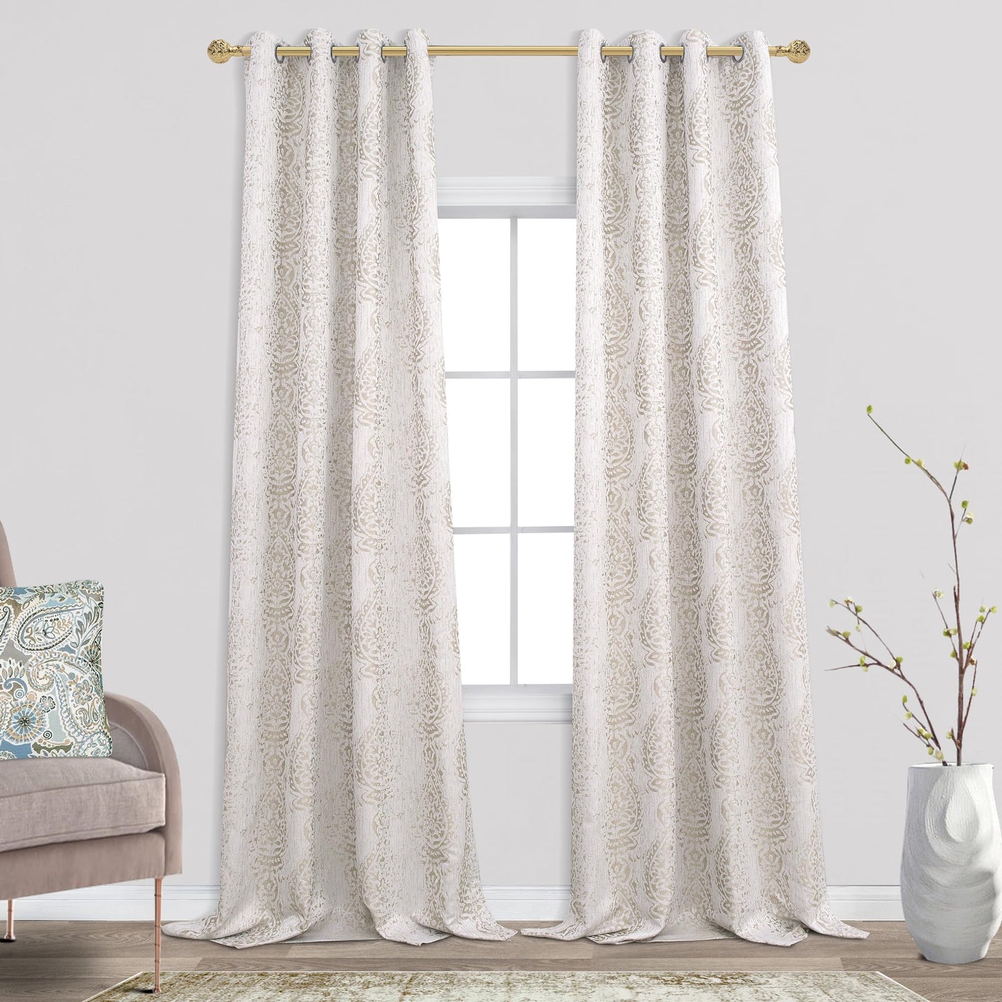 Mrs.Naturall 108 Inch 9FT Farmhouse Room Darkening Curtains, Damask Jacquard Luxury Grommet Drapes for Living Room Bedroom, 2 Panels Set, 9 FT Length 52'' L x 108'' W, Taupe Grey