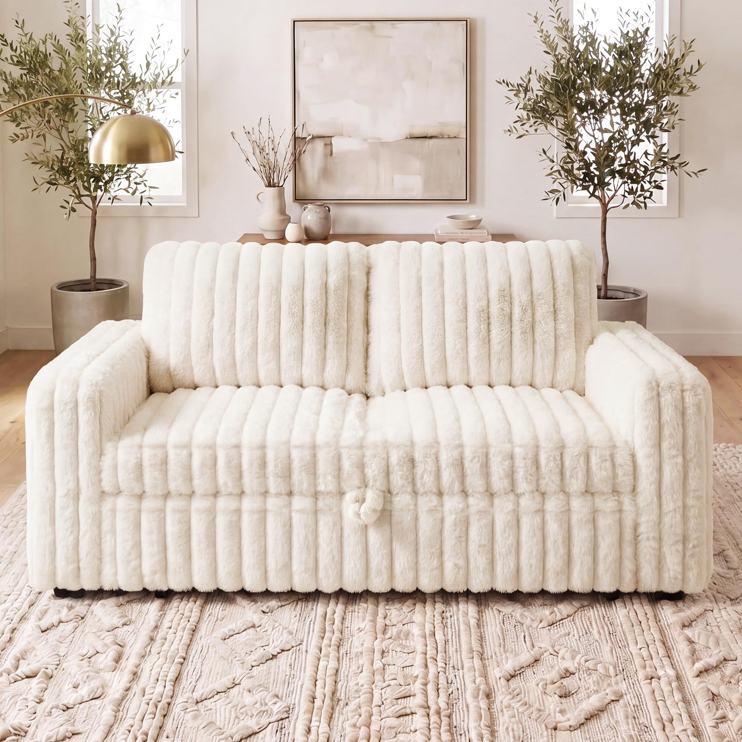 HONBAY Plush Corduroy Loveseat Sleeper Sofa,Modular Pull Out Sofa Bed,Couches for Living Room,Plush Beige