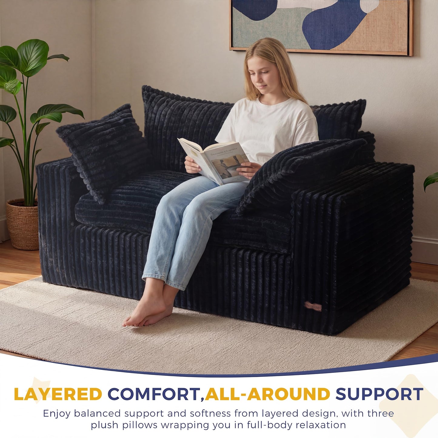 MAXYOYO 59" Bean Bag Sofa Couch, Loveseat Boneless Couch in a Box, Upholstered Small Mini Sofa with Deep Seating for Living Room Bedroom Office Apartment, No Assembly, Black