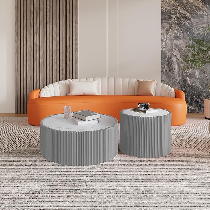 Marble Round Side Table, 17.71" Fluted End Table