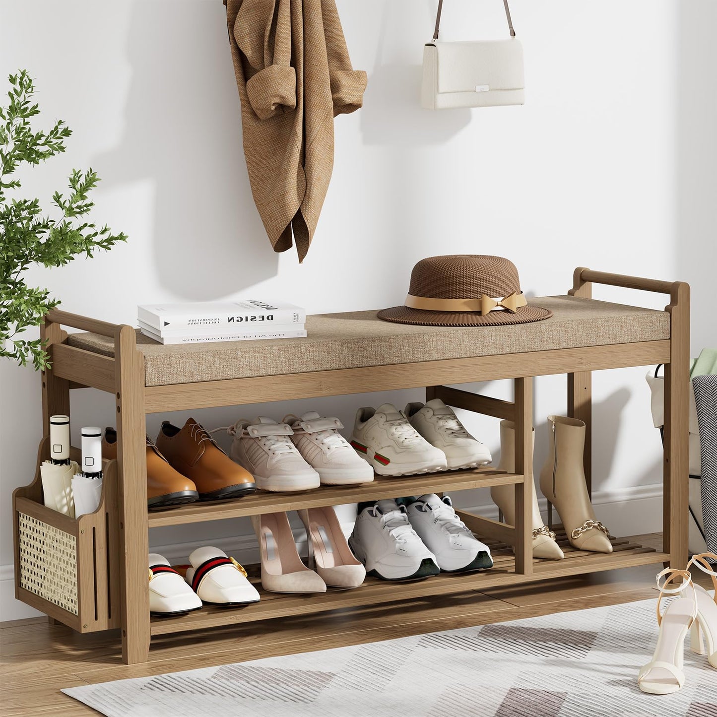 Homaxy 2-Tier Shoe Rack Bench with Side Holder, 39.4 in Bamboo Entryway Bench, Shoe Rack Organizer with Cushion for Front Entrance, Hallway Living Room Bedroom, Walnut and Light Brown