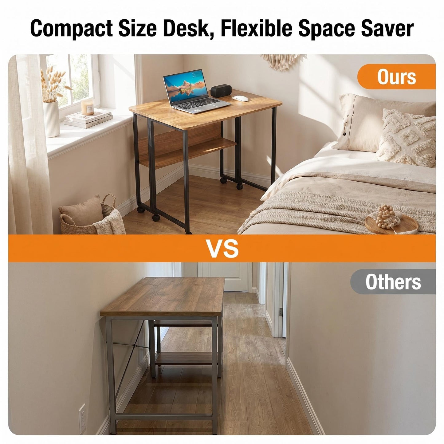 Windpost Mobile Foldable Desk w/ 6 Wheels,Portable Rolling Small Computer Desk w/Storage Shelves, Folding desks for Small Spaces, Computer Table for Home Office Bedroom Living Room-Brown