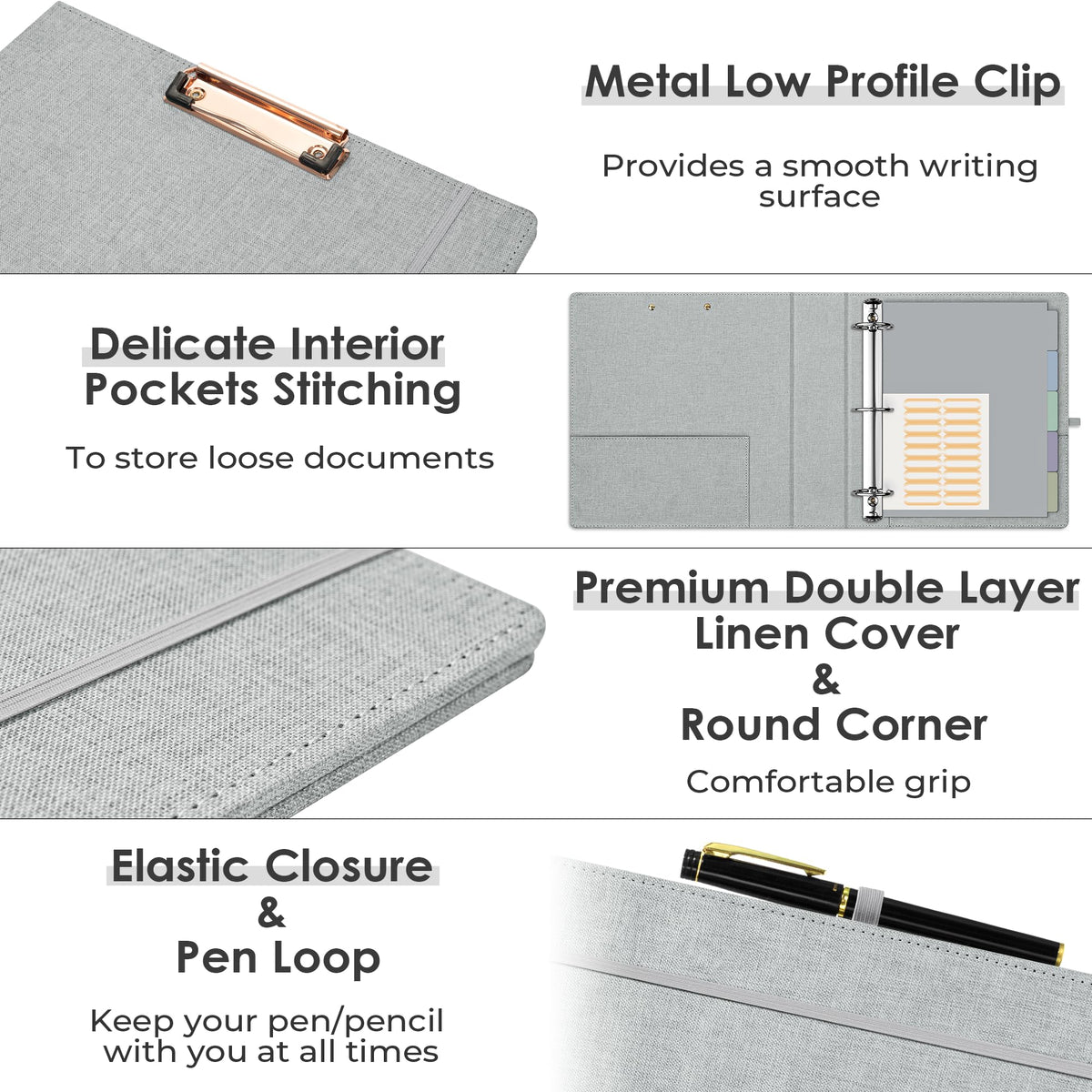 EYROZILL 3 Ring Binder 2 Inch, Binder for Letter Size (11" x 8.5") with 5 Tab Dividers, File Folder Labels and Low Profile Clipboards, Light Grey
