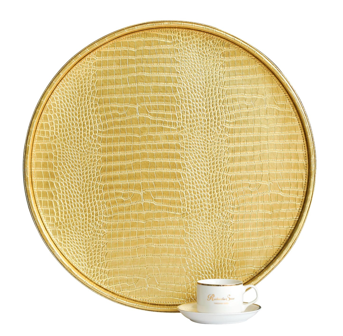 HofferRuffer Round Serving Tray 20'', Elegant Faux Leather Circle Ottoman Table Tray, Serve Tea Coffee Breakfast in Bedroom Living Room Kitchen (Gold, 20")