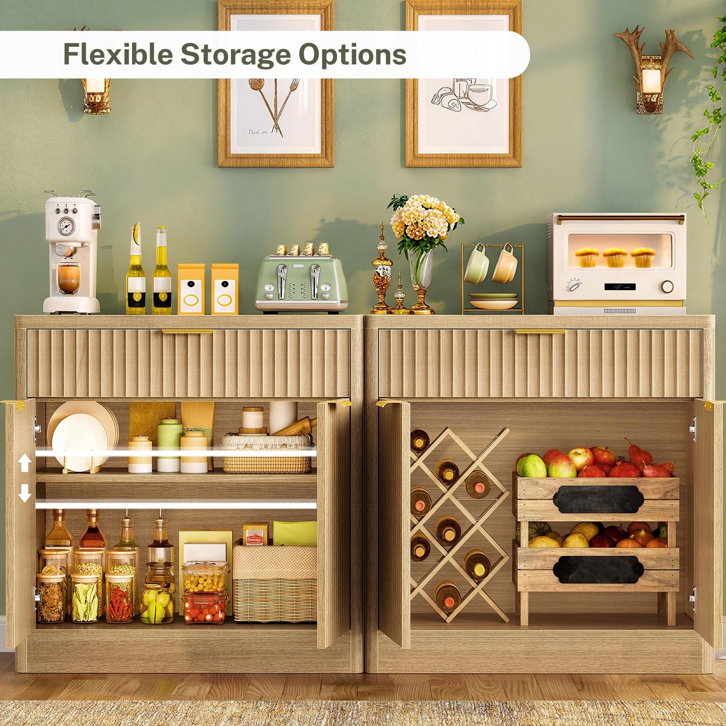 TEENFON 63" Fluted Buffet Sideboard Cabinet with Storage, Buffet Table Coffee Bar Wine Bar Storage Cabinet with Adjustable Shelf for Living Room, Kitchen, Natural