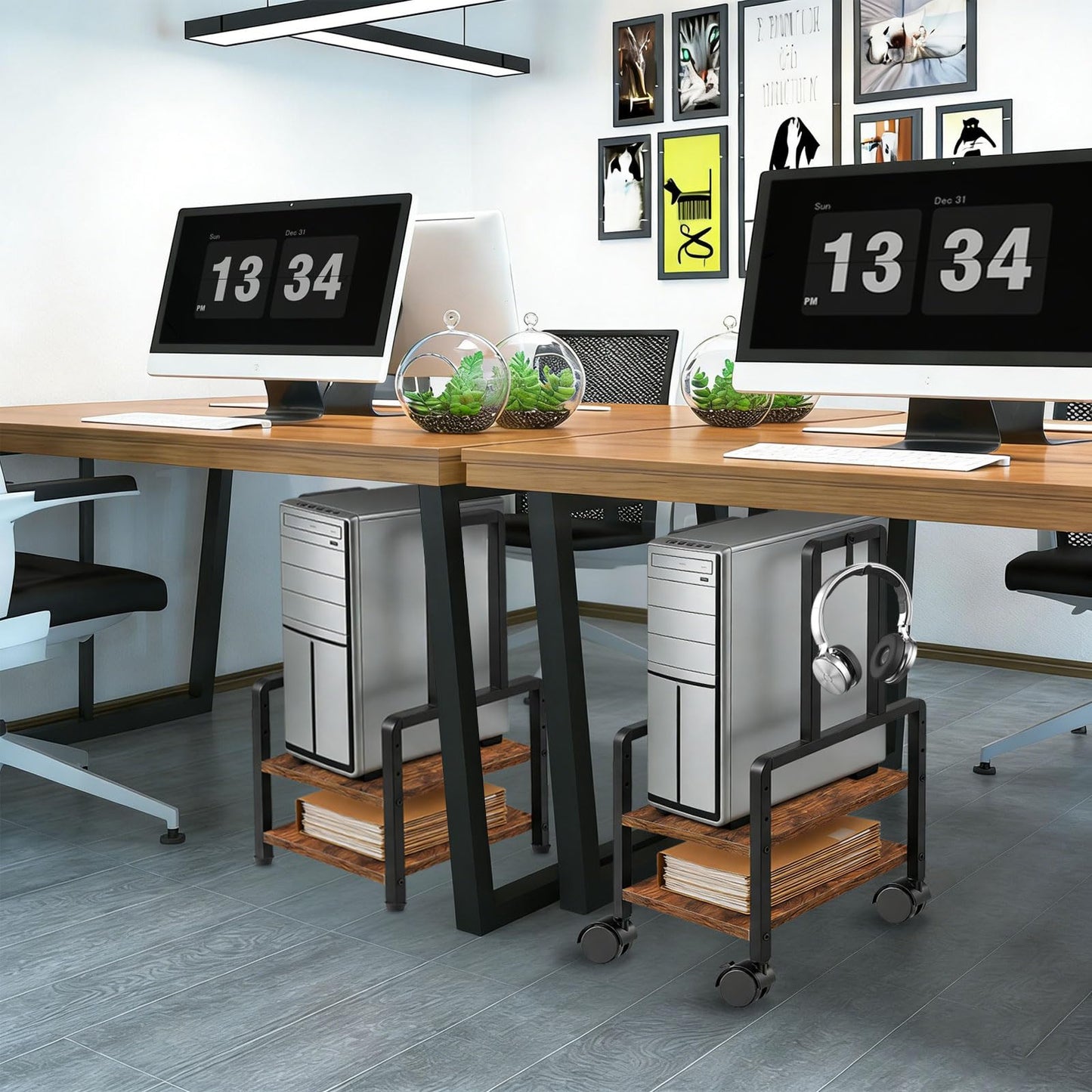 ZIIWIND Adjustable 2-Tier PC Stand, Computer Tower Stand with 360° Locking Wheels & Hooks, CPU Cart for Floor, Carpet and Under Desk, 15.2" x 11.8" x 26", Rustic Brown